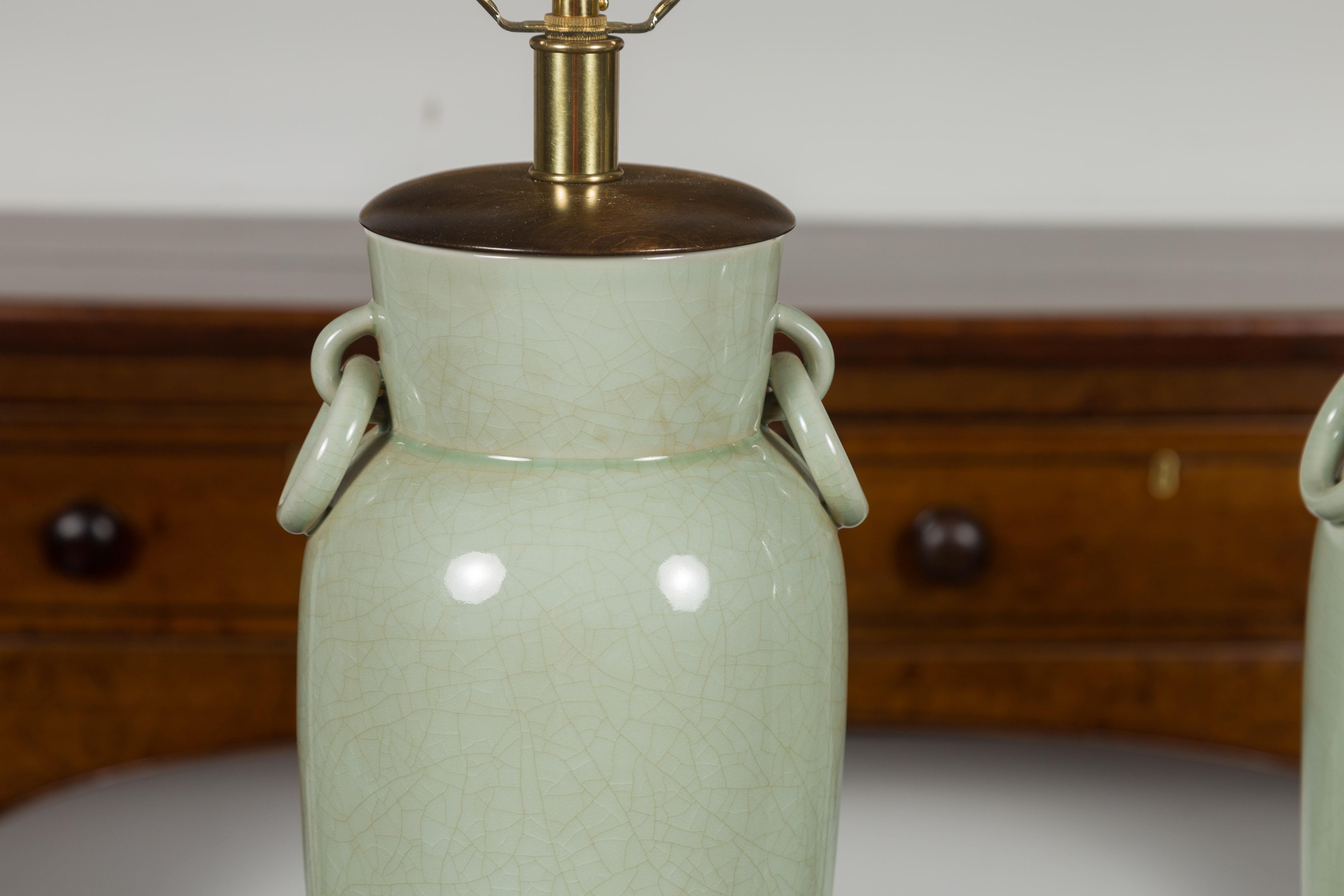 Pair of Asian Midcentury Celadon Table Lamps Made of Urns Mounted on Lucite In Good Condition In Atlanta, GA