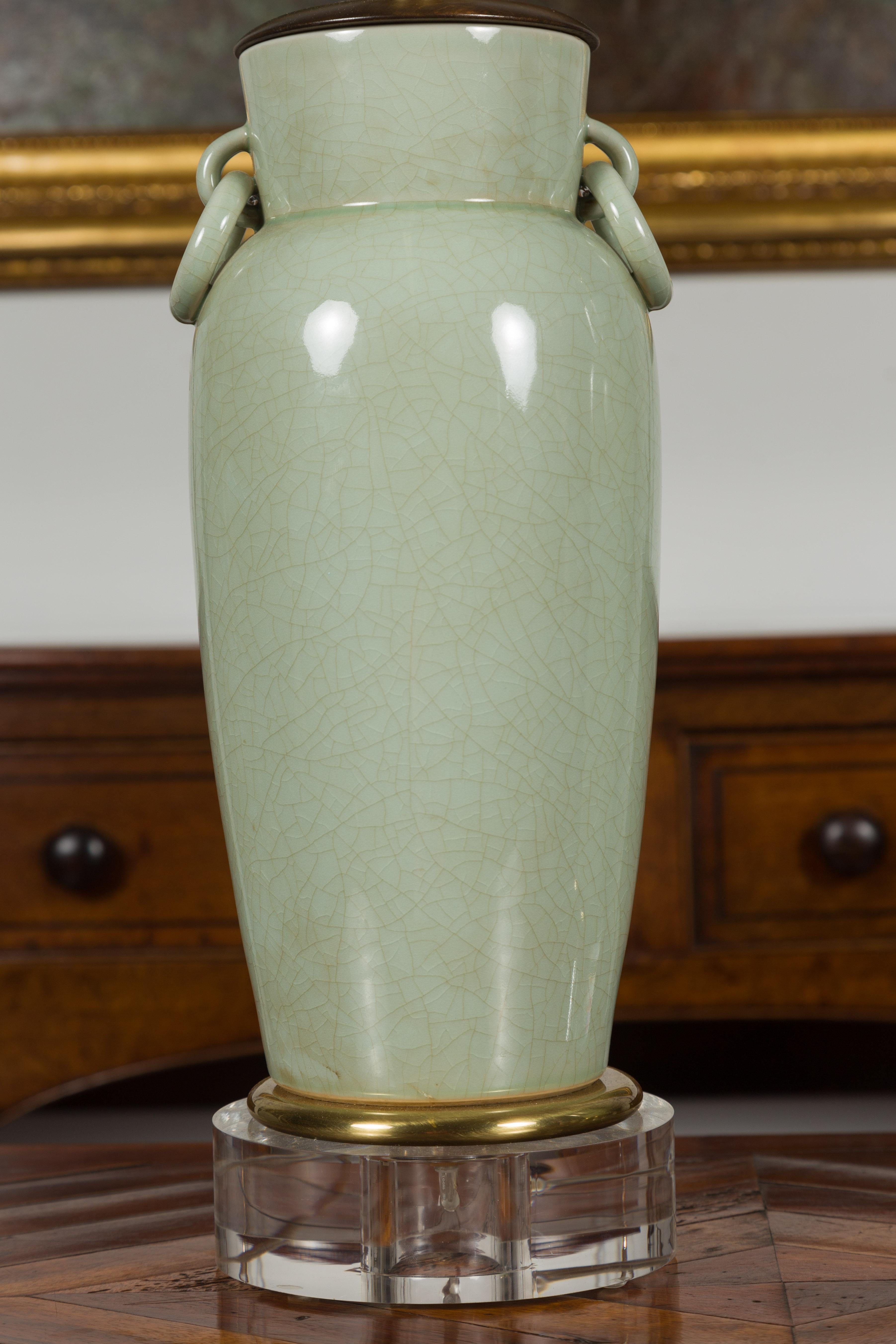 Pair of Asian Midcentury Celadon Table Lamps Made of Urns Mounted on Lucite 1