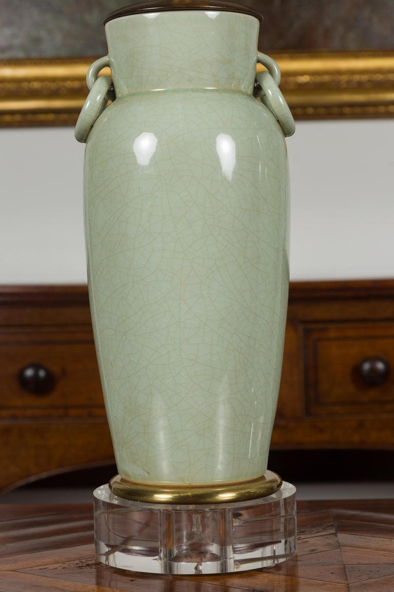 Pair of Asian Midcentury Celadon Table Lamps Made of Urns Mounted on Lucite For Sale 1