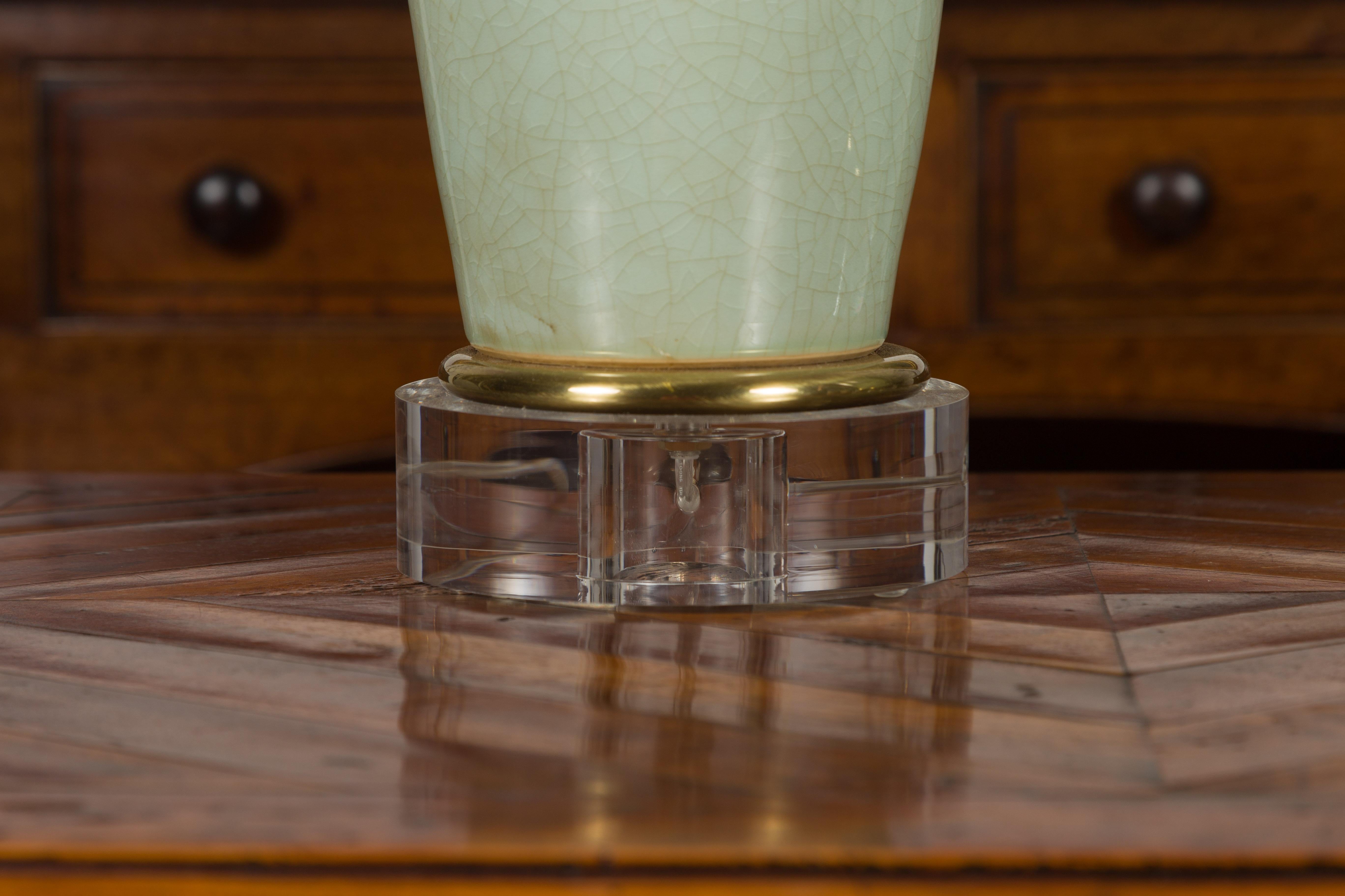 Pair of Asian Midcentury Celadon Table Lamps Made of Urns Mounted on Lucite 2