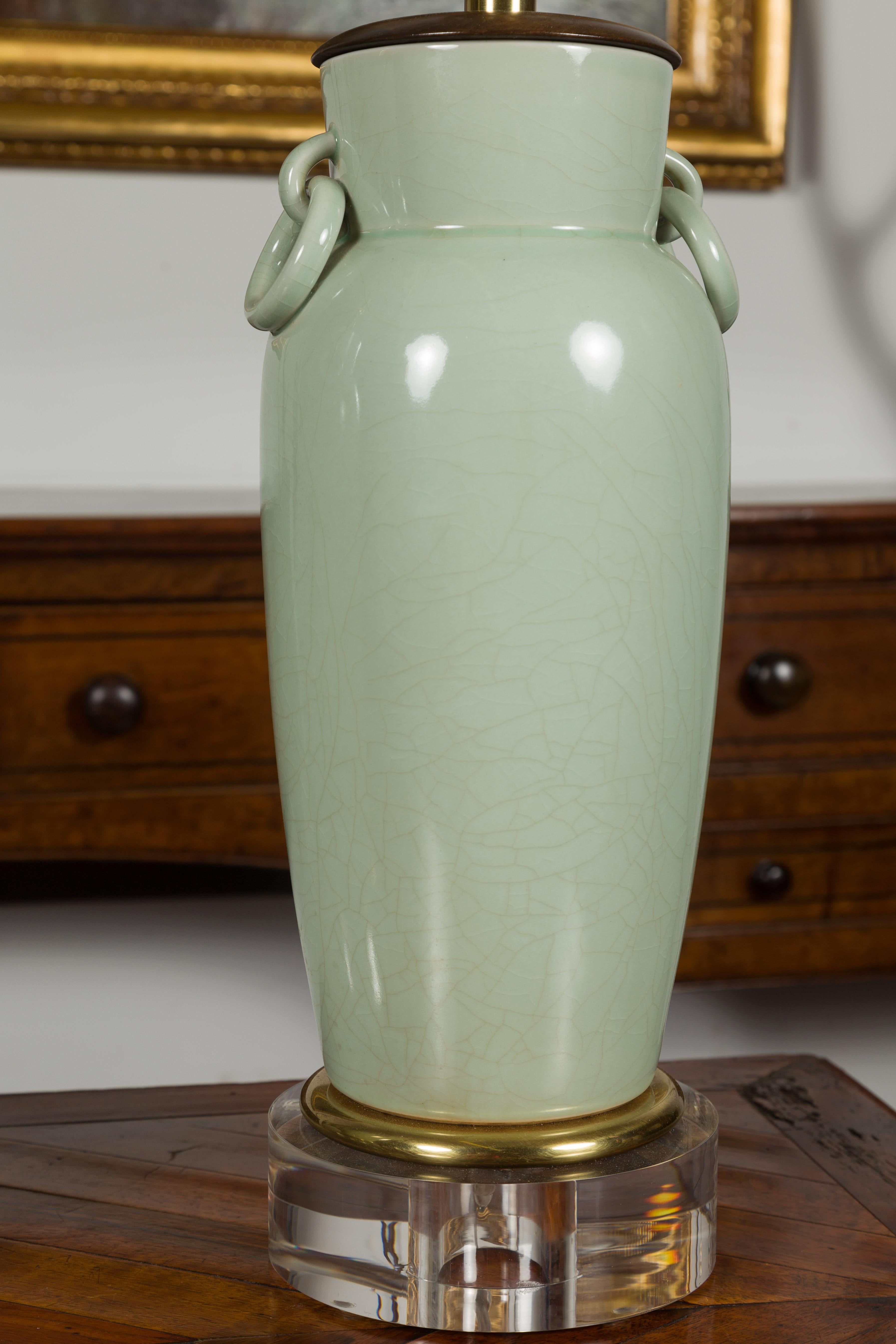 Pair of Asian Midcentury Celadon Table Lamps Made of Urns Mounted on Lucite 3