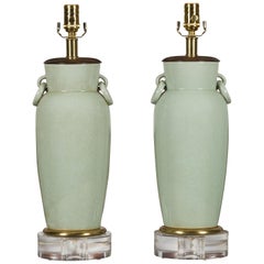 Pair of Asian Midcentury Celadon Table Lamps Made of Urns Mounted on Lucite