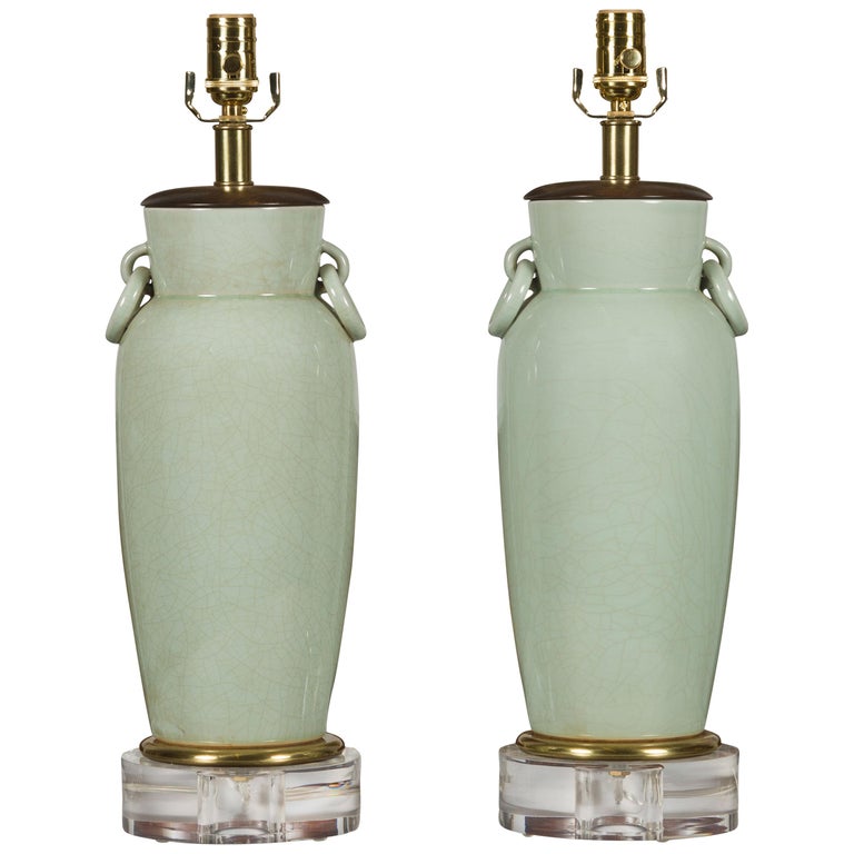 Pair of Asian Midcentury Celadon Table Lamps Made of Urns Mounted on Lucite For Sale