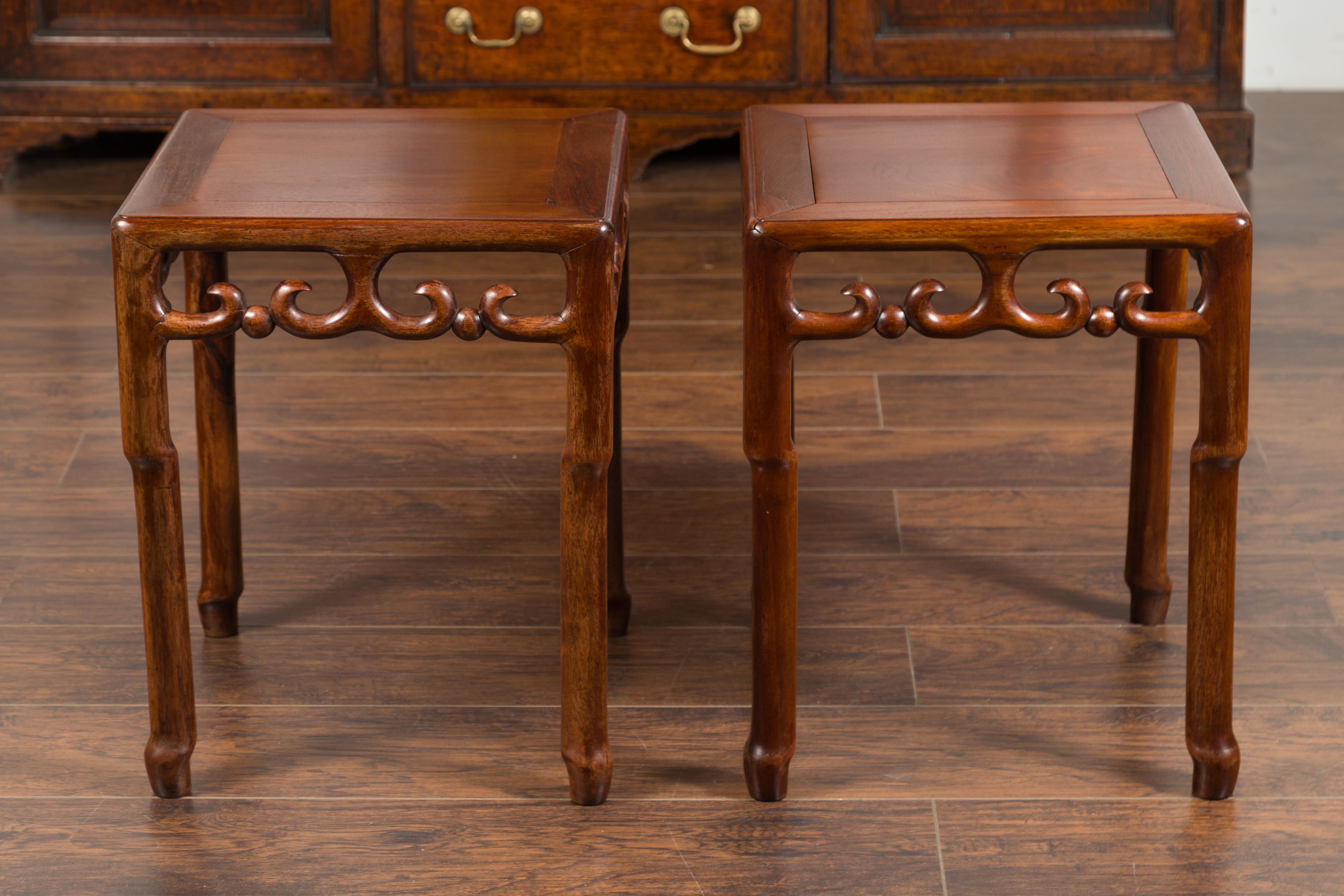 Pair of Asian Midcentury Mahogany Side Tables with Scrolling Fretwork Motifs For Sale 5