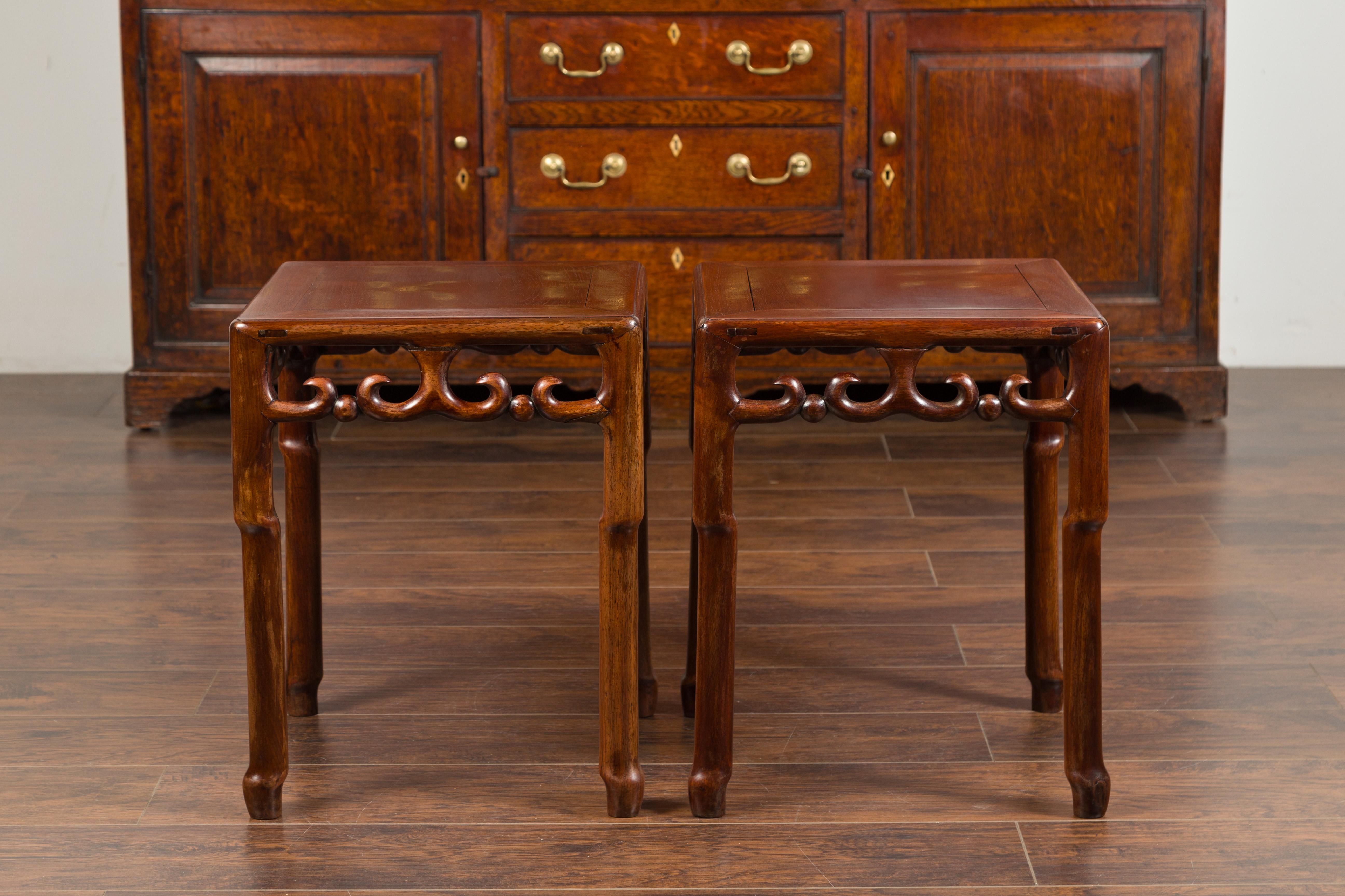 Pair of Asian Midcentury Mahogany Side Tables with Scrolling Fretwork Motifs For Sale 6