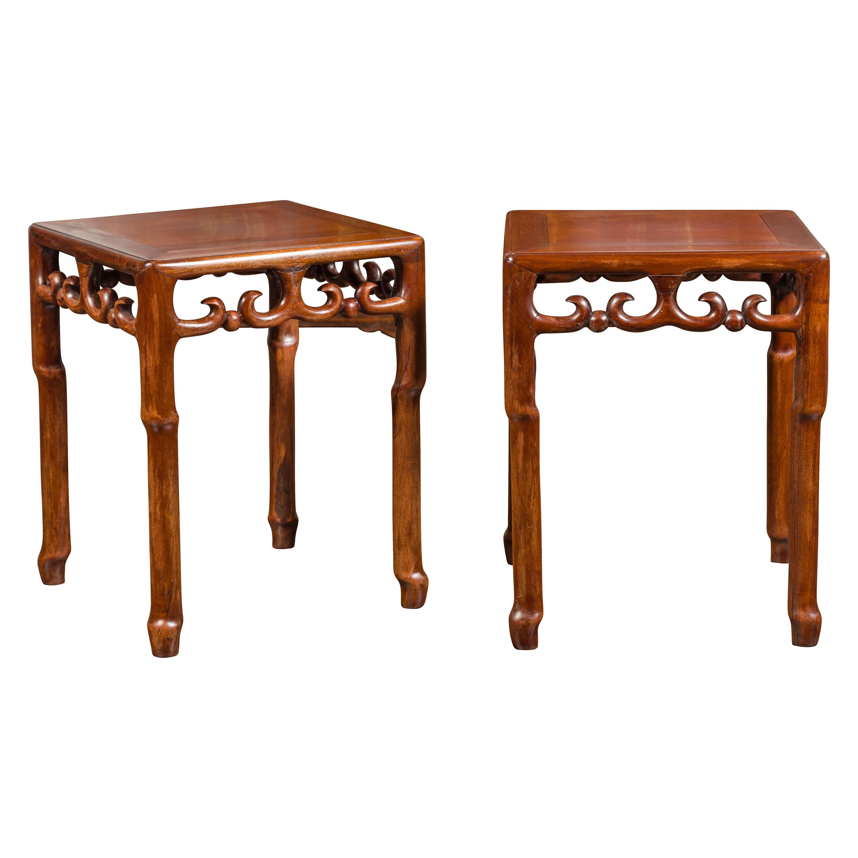 Pair of Asian Midcentury Mahogany Side Tables with Scrolling Fretwork Motifs For Sale