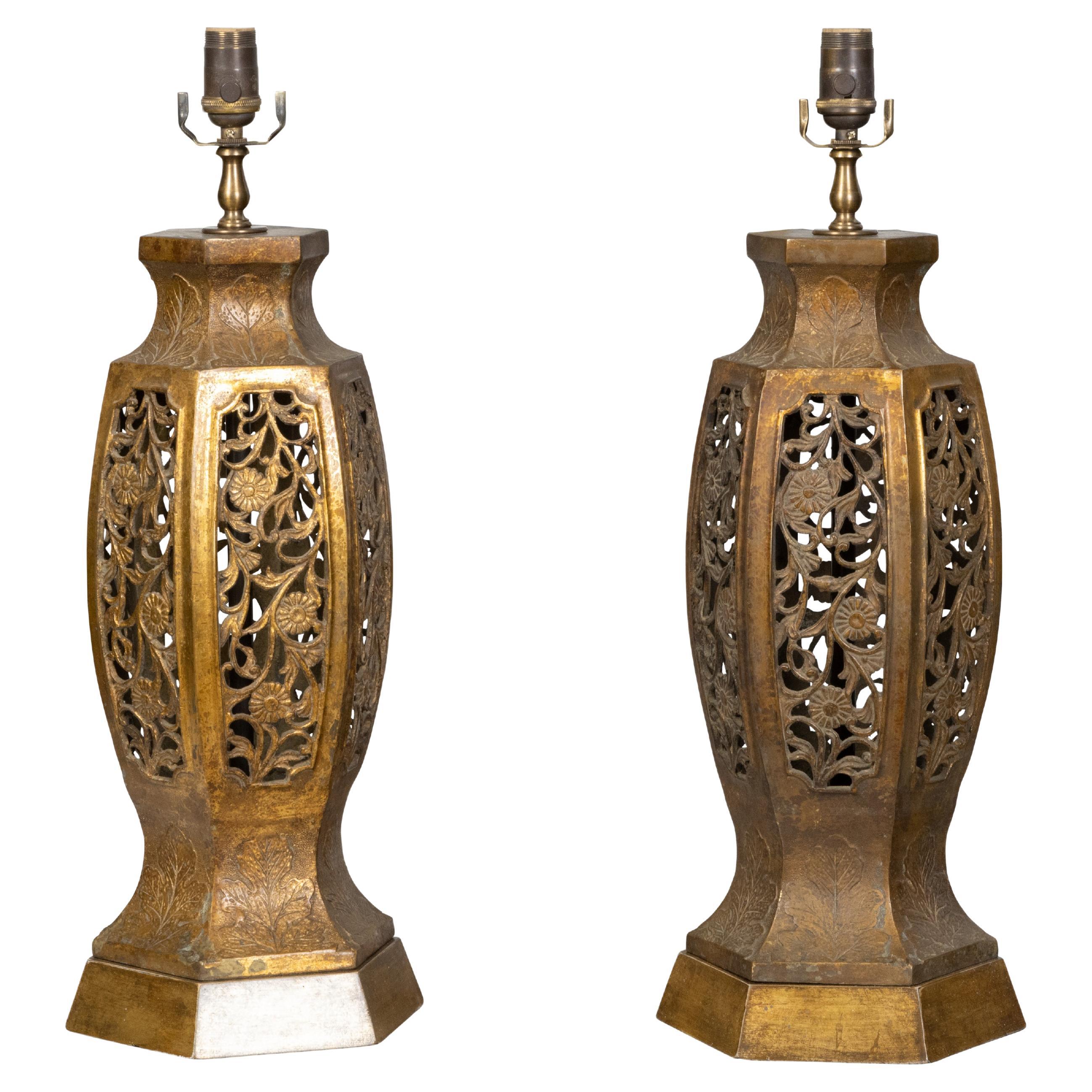 Pair of Asian MidCentury Us-Wired Table Lamps with Carved Openwork Floral Motifs For Sale