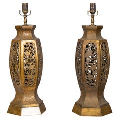 Pair of Asian MidCentury Us-Wired Table Lamps with Carved Openwork Floral Motifs
