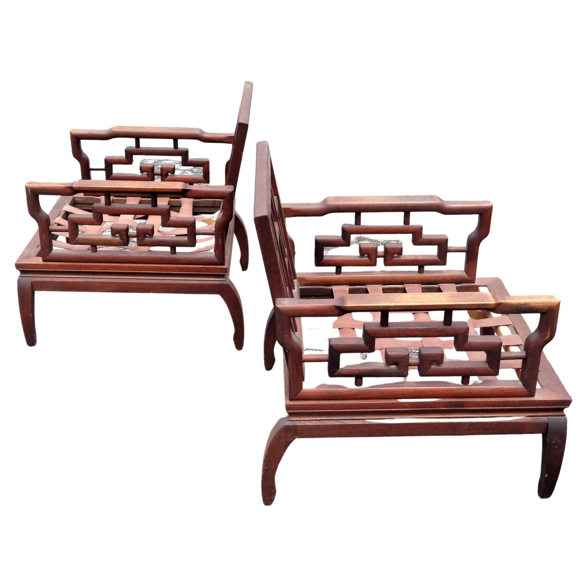 Pair Asian Ming Style Carved Mahogany Lounge Chairs, 1940-1960 For Sale 1