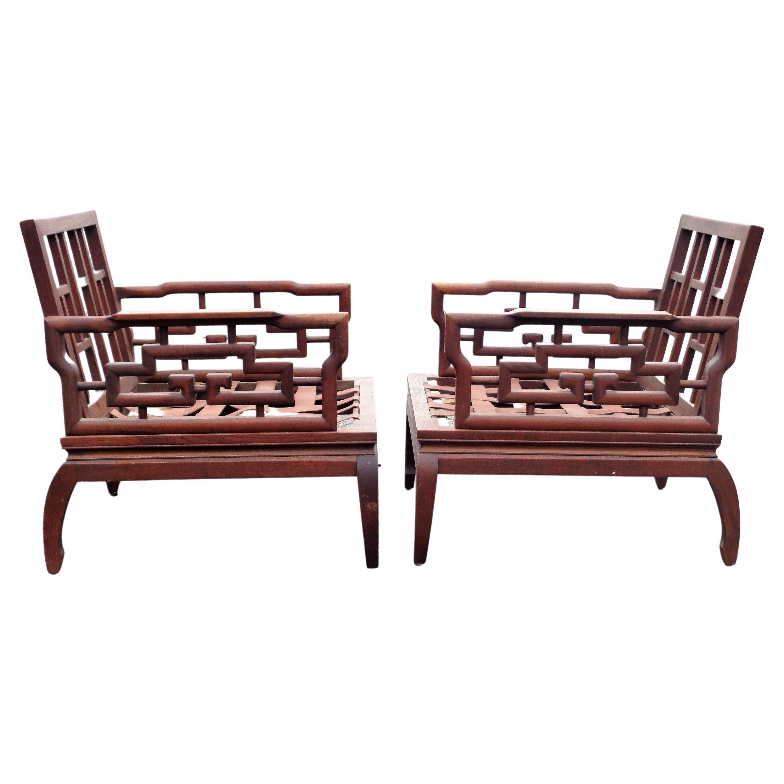 Pair Asian Ming Style Carved Mahogany Lounge Chairs, 1940-1960 For Sale 2