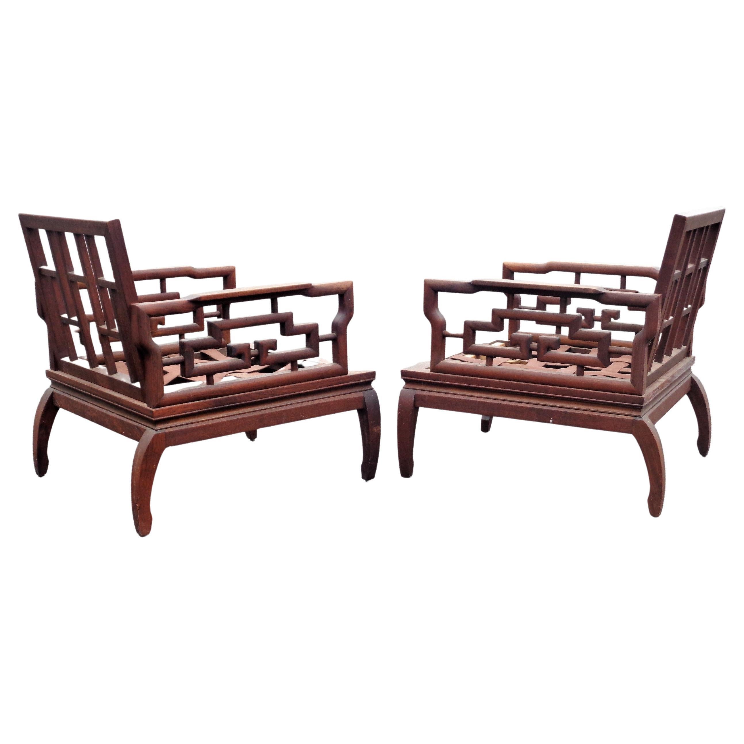 Singaporean Pair Asian Ming Style Carved Mahogany Lounge Chairs, 1940-1960 For Sale