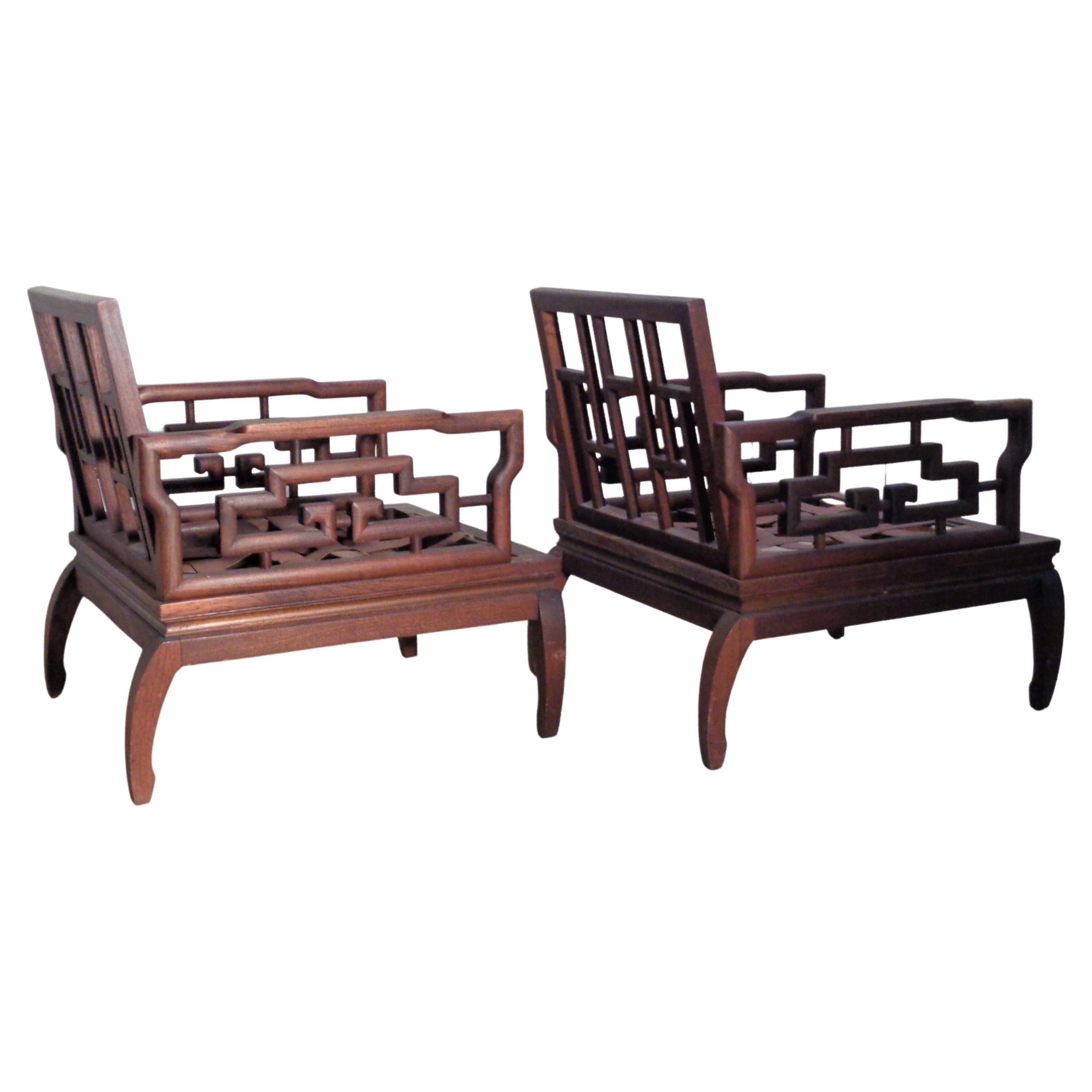 Hand-Carved Pair Asian Ming Style Carved Mahogany Lounge Chairs, 1940-1960 For Sale