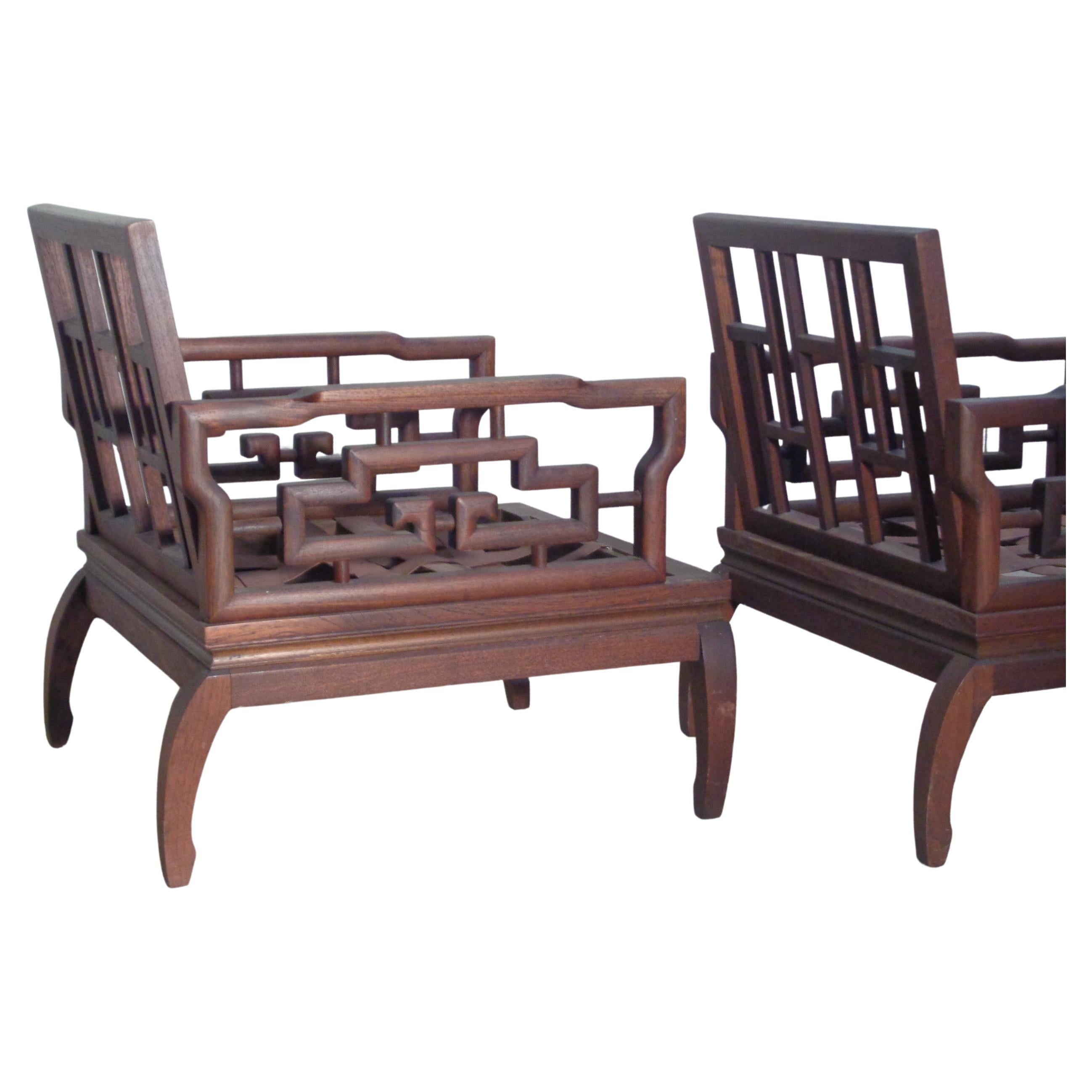 Pair Asian Ming Style Carved Mahogany Lounge Chairs, 1940-1960 In Good Condition For Sale In Rochester, NY