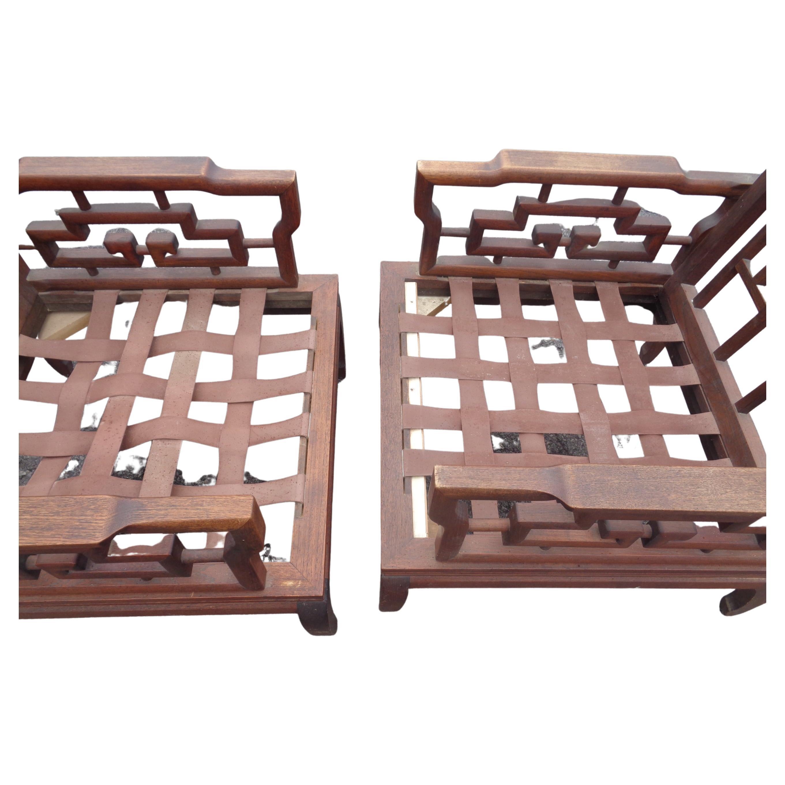 Hardwood Pair Asian Ming Style Carved Mahogany Lounge Chairs, 1940-1960 For Sale