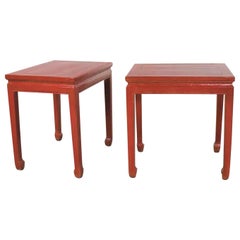 Pair of Asian Ming Style Chinese Crackle Red Lacquer Rectangular End Tables