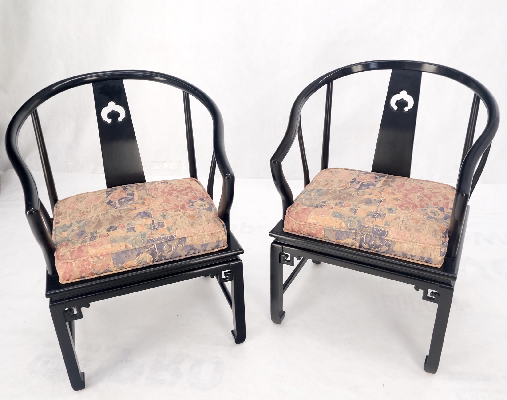 Pair of Asian Modern Black Lacquer Barrel Horse Shoe Back Lounge Chairs Mint! For Sale 4
