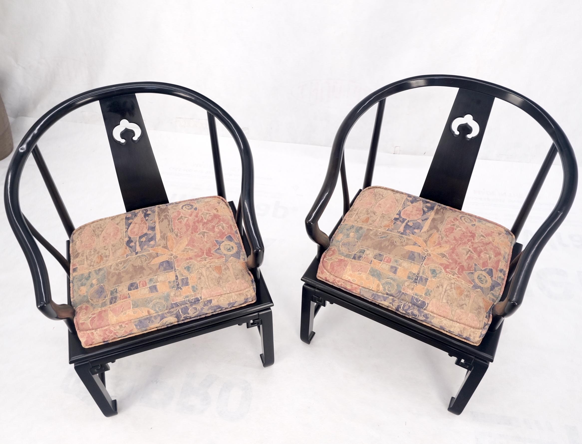 Pair of Asian Modern Black Lacquer Barrel Horse Shoe Back Lounge Chairs Mint! For Sale 5