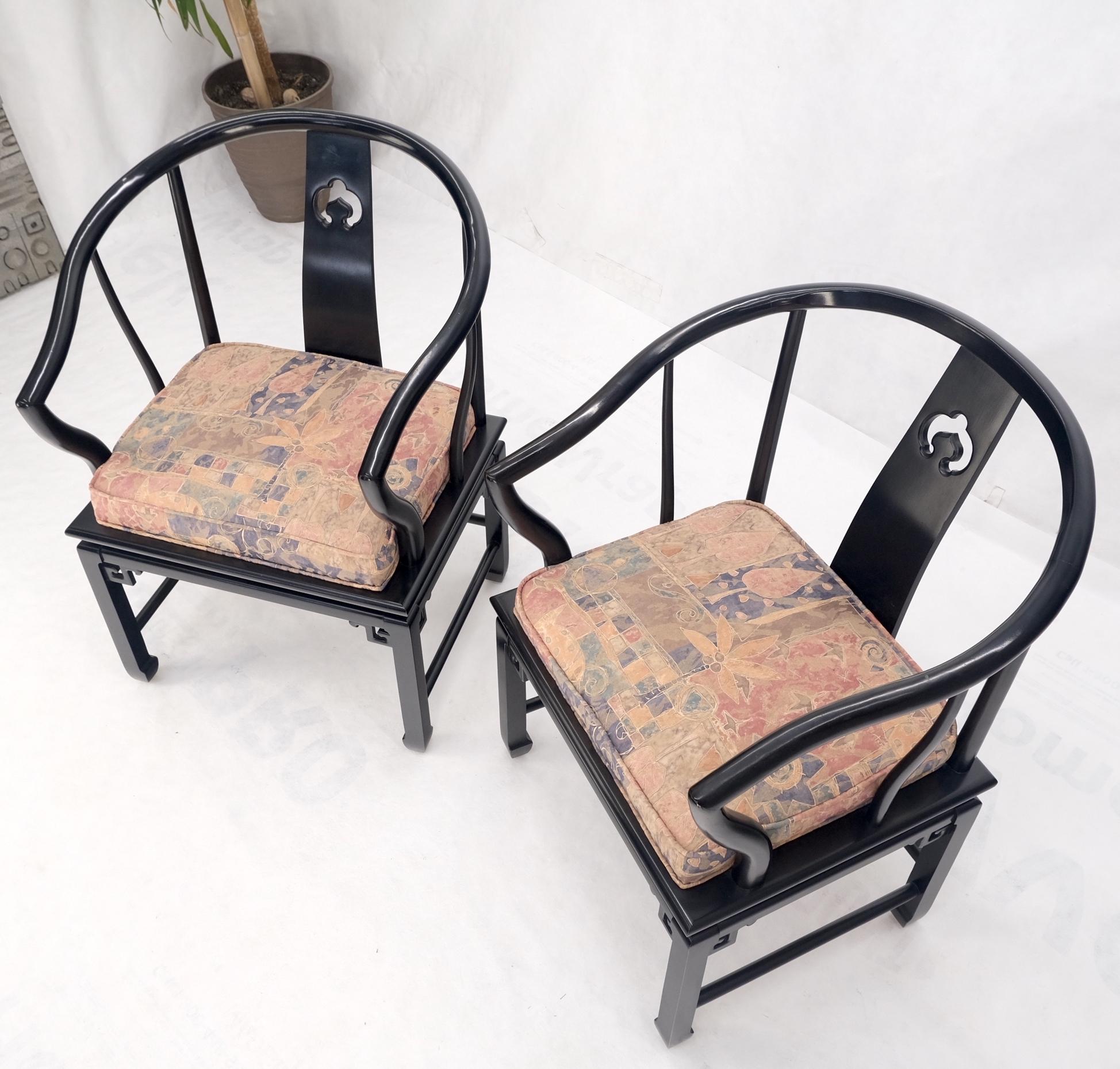 Pair of Asian Modern Black Lacquer Barrel Horse Shoe Back Lounge Chairs Mint! For Sale 6