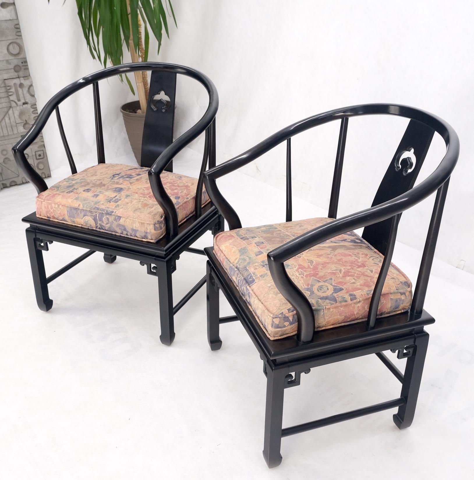 Pair of Asian Modern Black Lacquer Barrel Horse Shoe Back Lounge Chairs Mint! For Sale 7