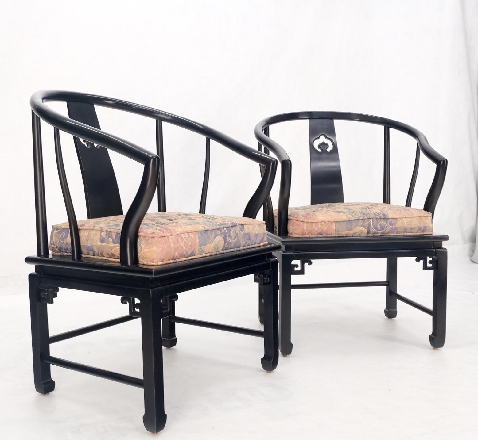 Pair of Asian Modern Black Lacquer Barrel Horse Shoe Back Lounge Chairs Mint! For Sale 8