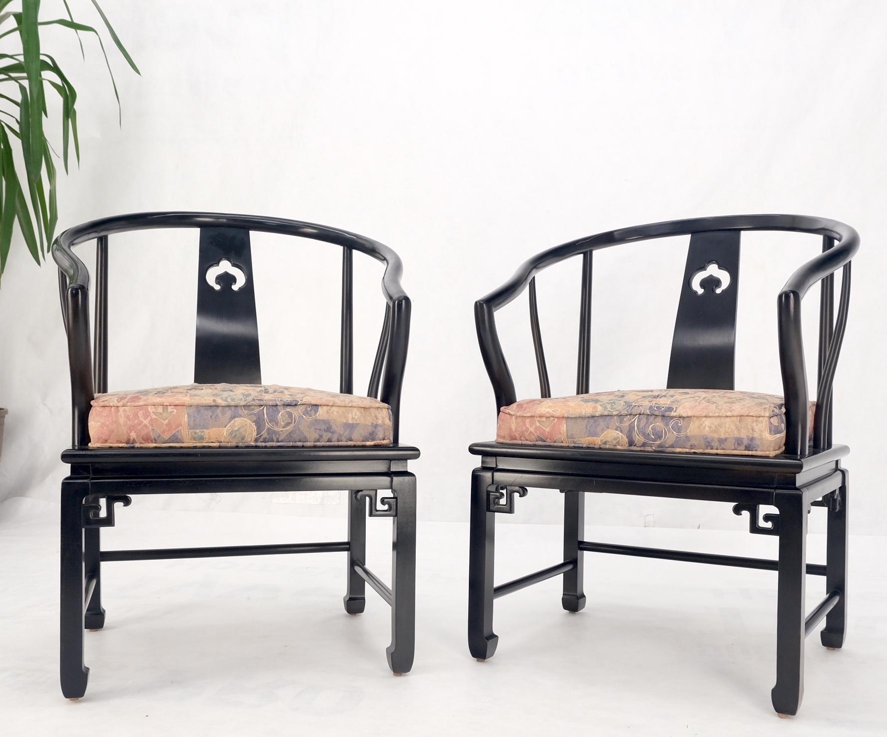 Pair of Asian Modern Black Lacquer Barrel Horse Shoe Back Lounge Chairs Mint! For Sale 9