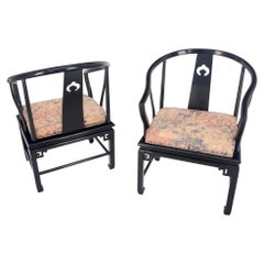 Vintage Pair of Asian Modern Black Lacquer Barrel Horse Shoe Back Lounge Chairs Mint!