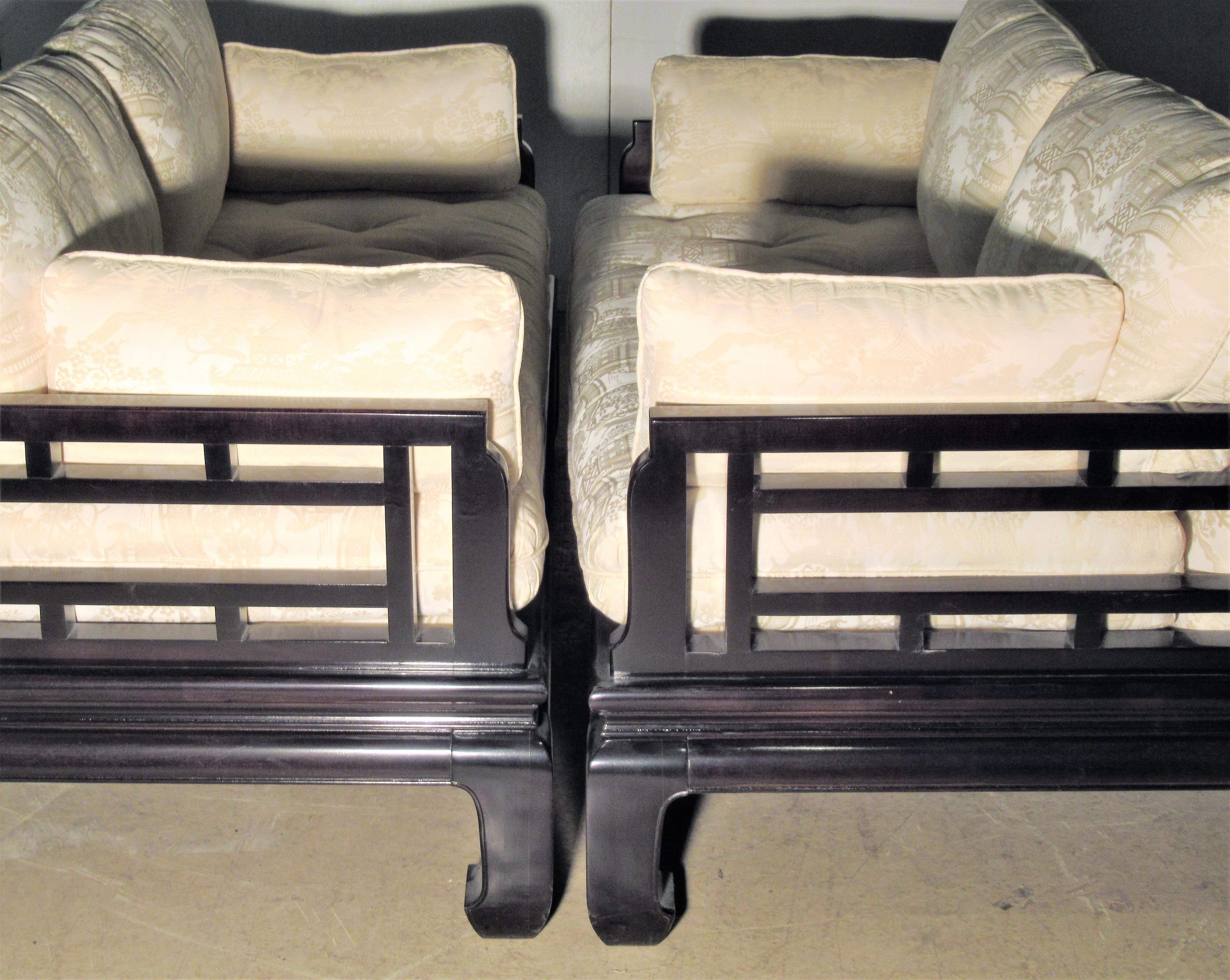 Upholstery Pair of Asian Modern Ebonized Sofas