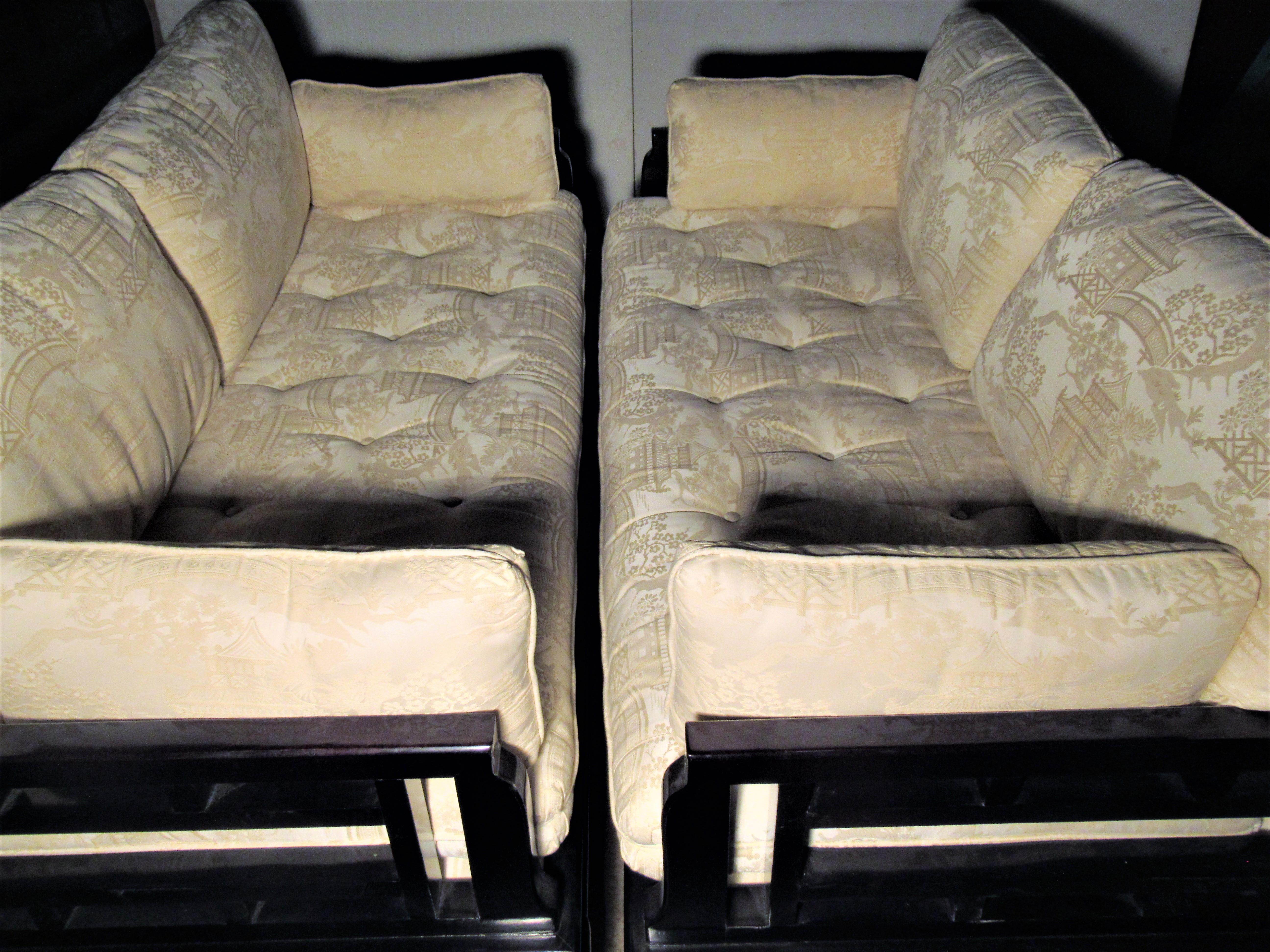 Upholstery Pair of Asian Modern Ebonized Sofas