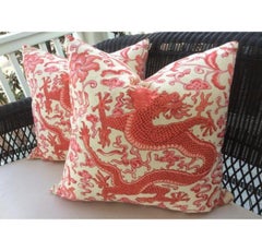 Pair of Asian Modern Scalamandre Red Chien Dragon Patterned Pillows