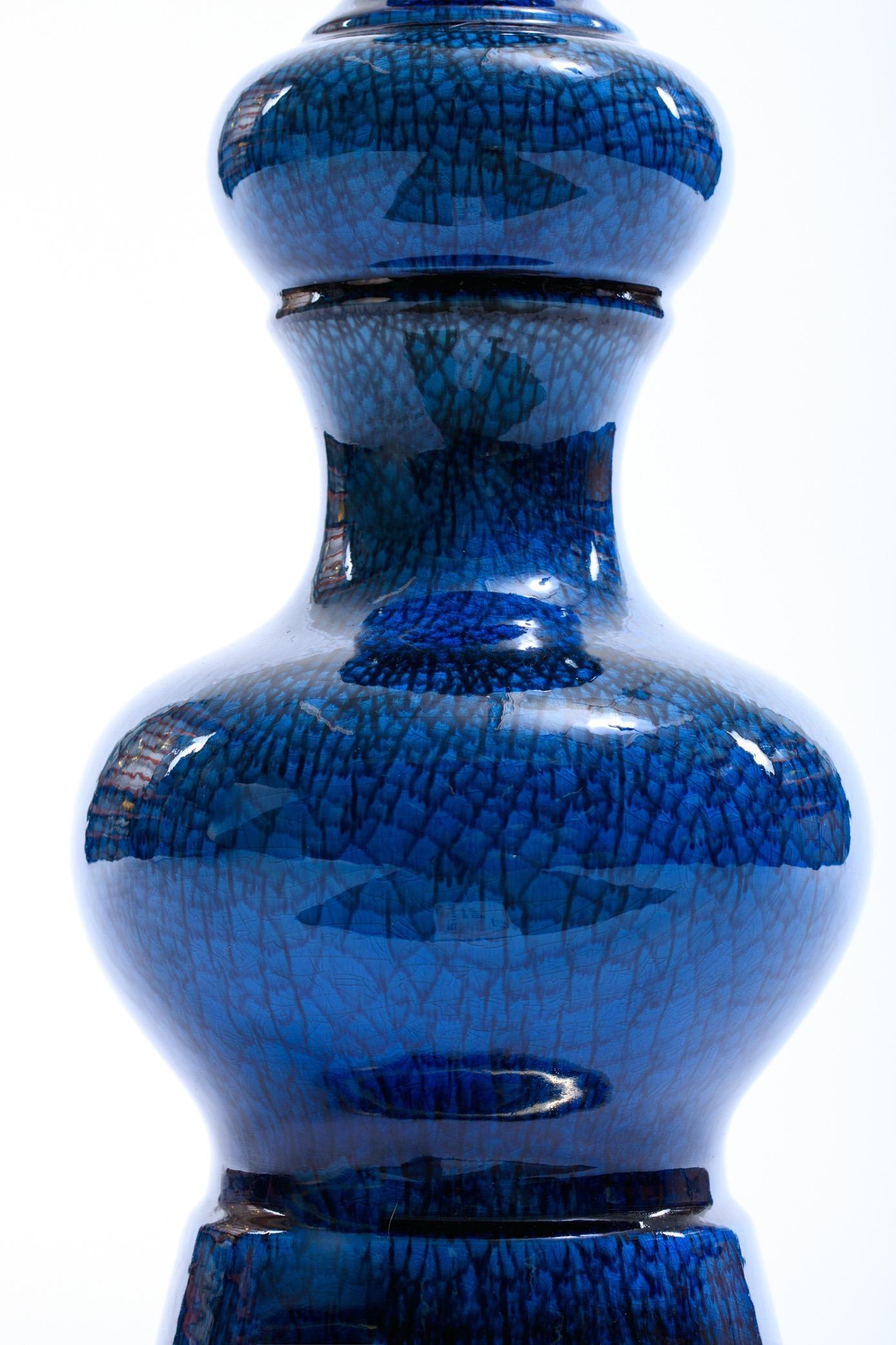 1960s Blue Ceramic and Brass Stiffel Lampin Asian Modern Style 1