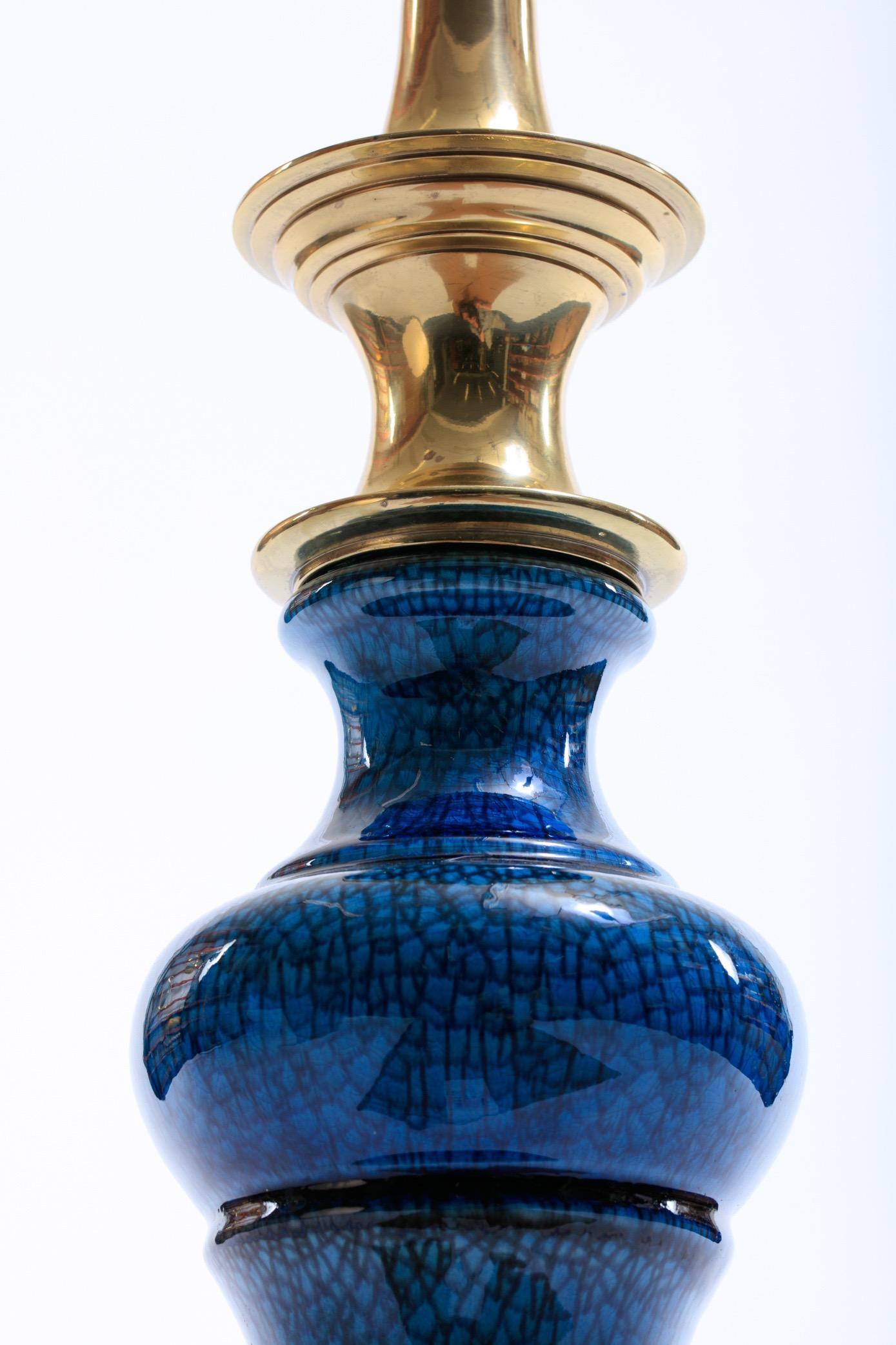 1960s Blue Ceramic and Brass Stiffel Lampin Asian Modern Style 2