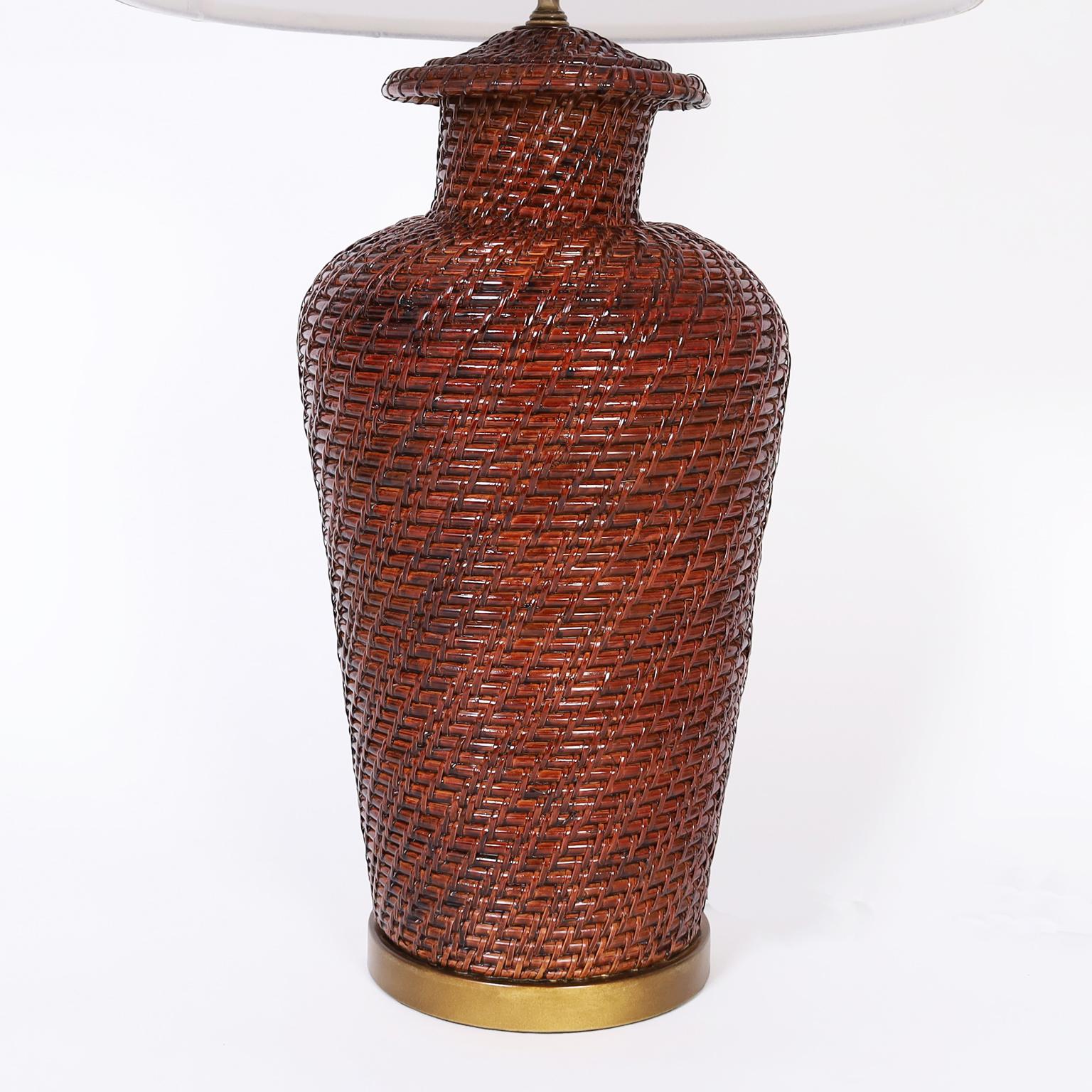 Mid-Century Modern Pair of Asian Modern Wicker Table Lamps For Sale