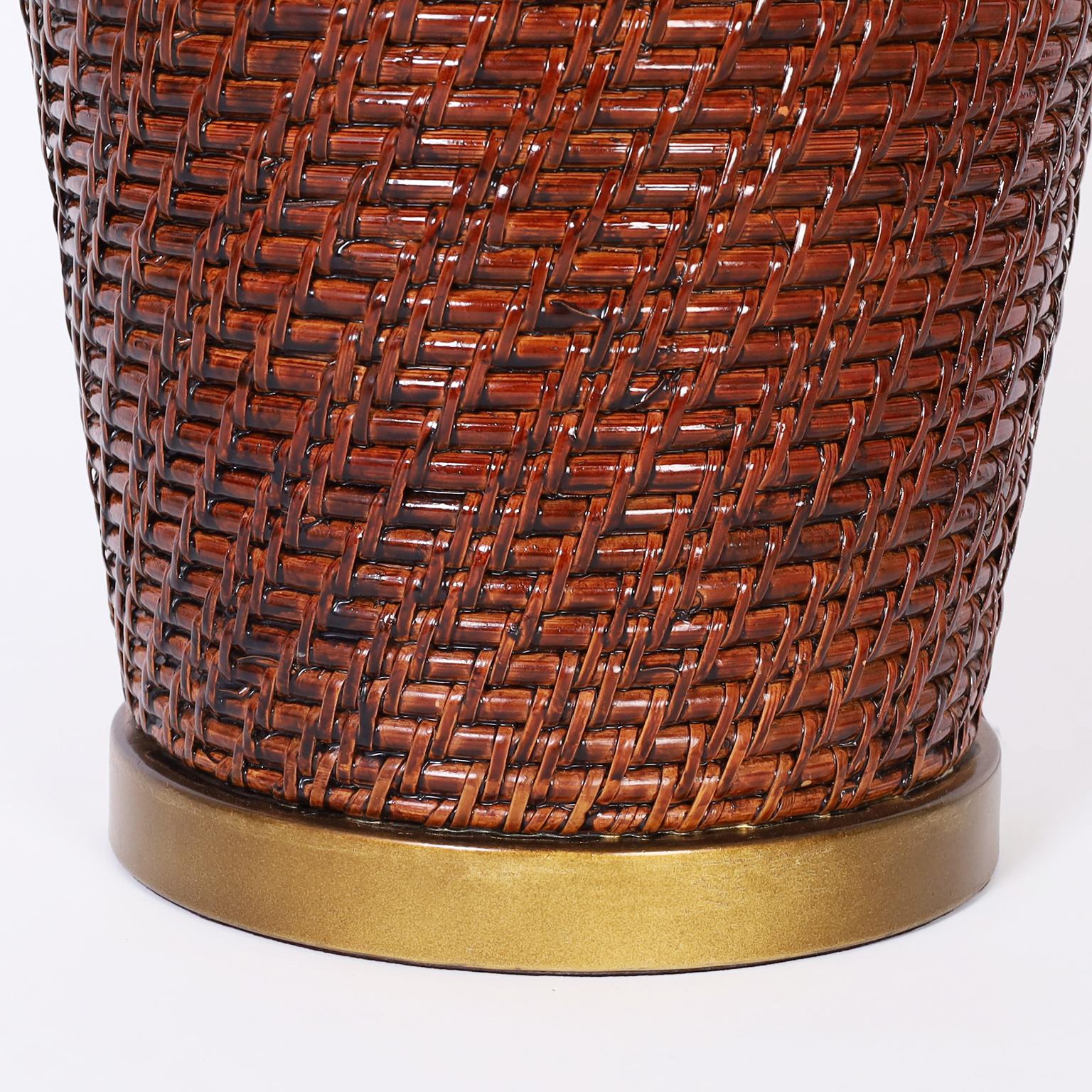 Pair of Asian Modern Wicker Table Lamps In Good Condition For Sale In Palm Beach, FL