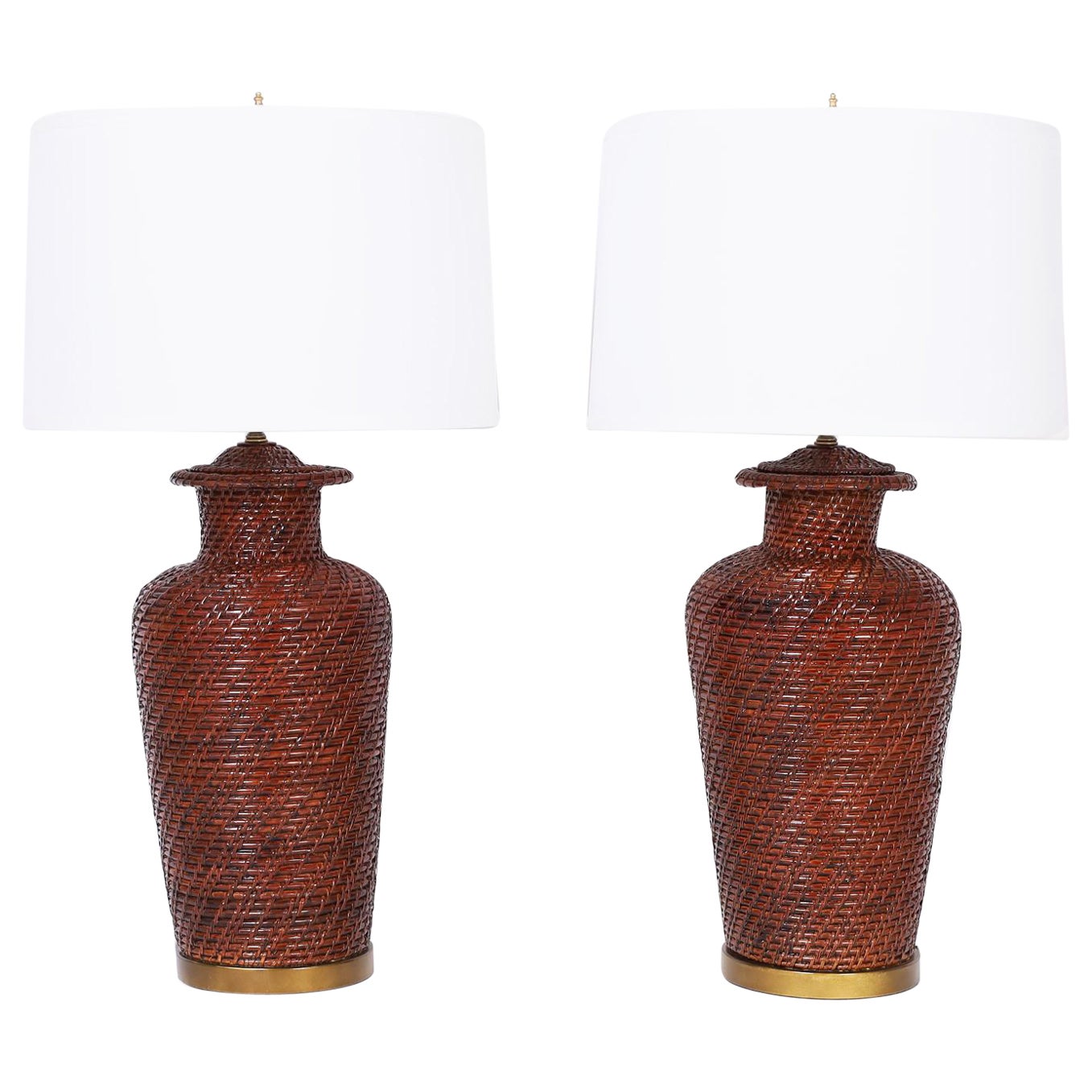 Coppia di lampade da tavolo in vimini Asian Modern in vendita