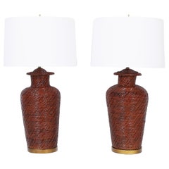 Pareja de lámparas de mesa de mimbre Asian Modern