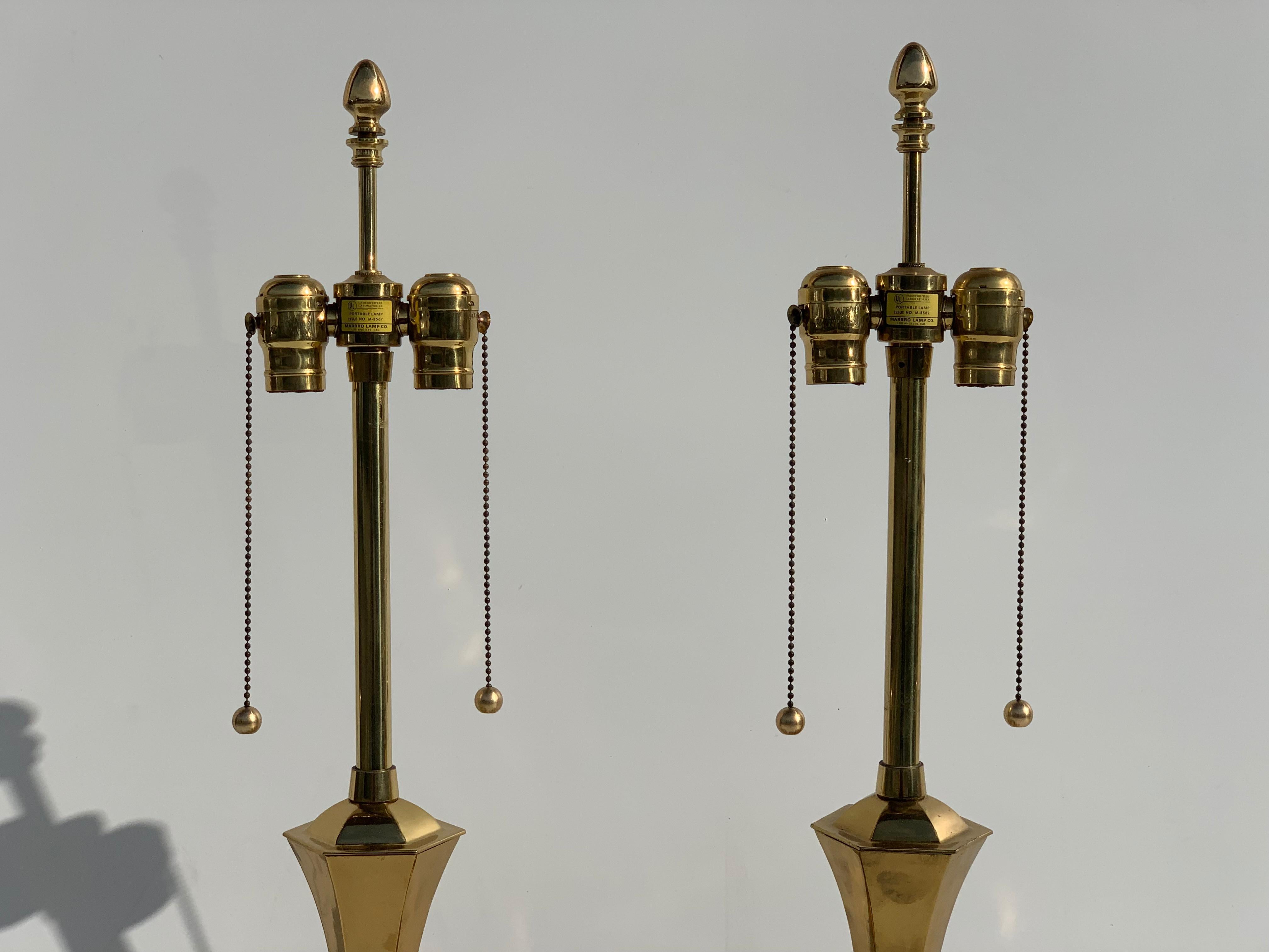 Hollywood Regency Pair of Asian Motif Brass Lamps