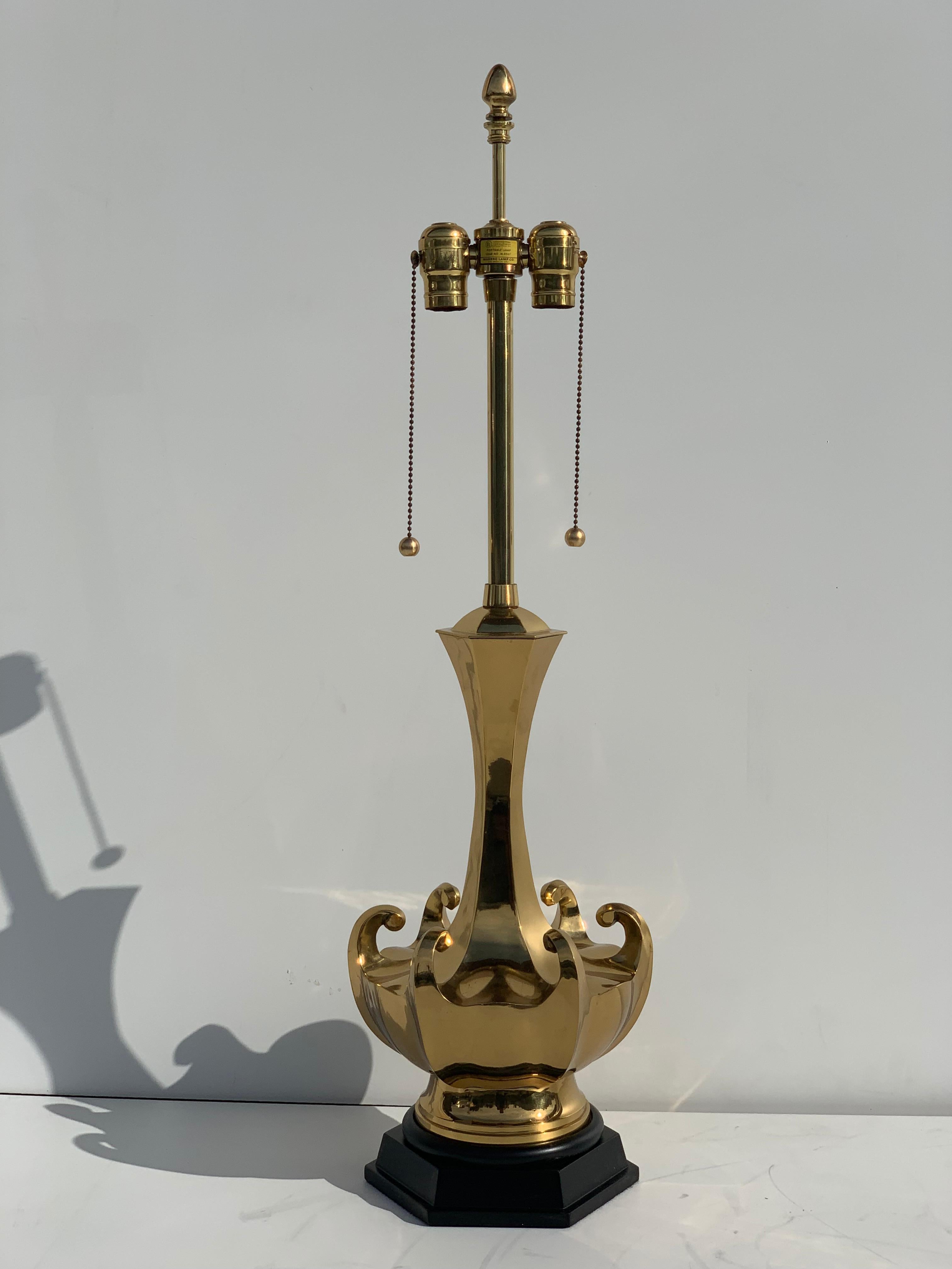 American Pair of Asian Motif Brass Lamps