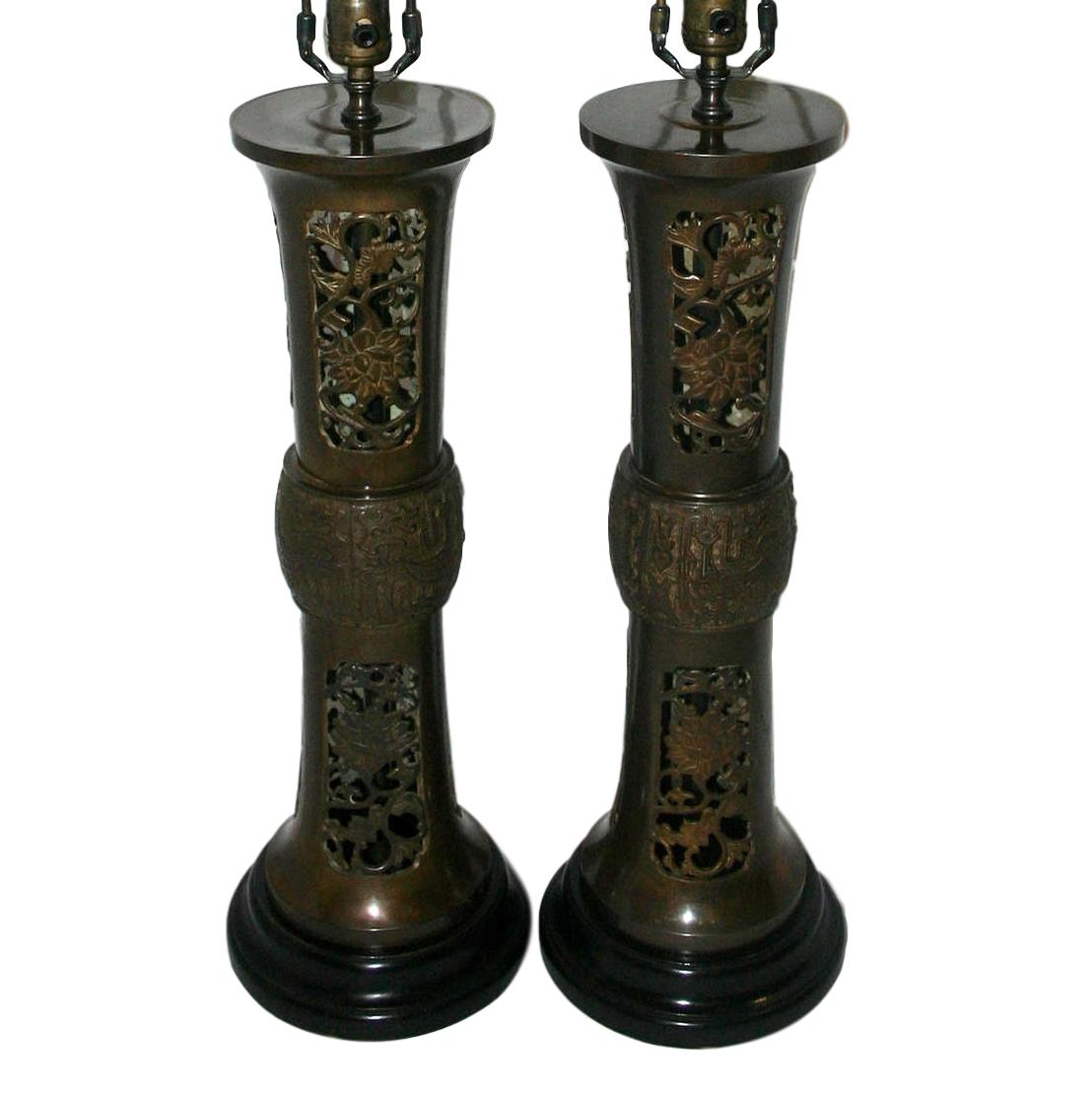 Chinese Pair of Asian-Motif Bronze Table Lamps For Sale