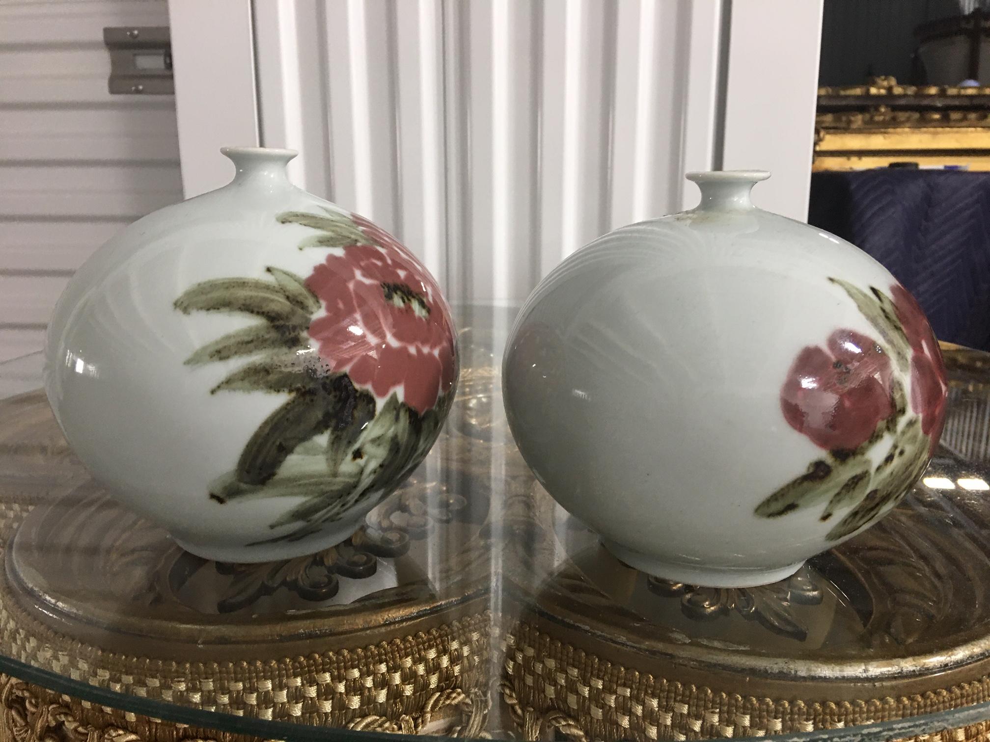 Chinese Pair of Asian Motif Bud Vases, 20th Century