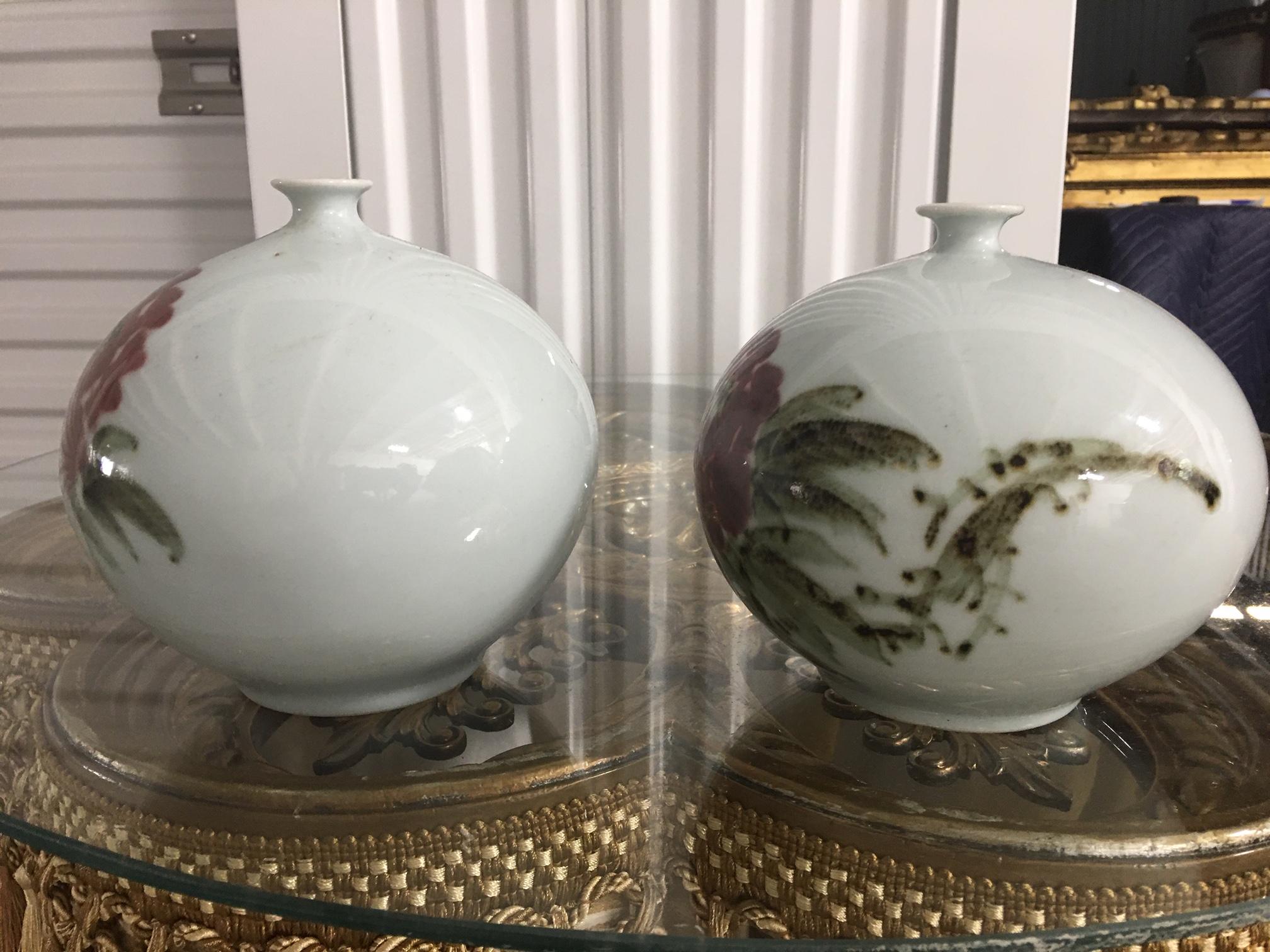 Porcelain Pair of Asian Motif Bud Vases, 20th Century