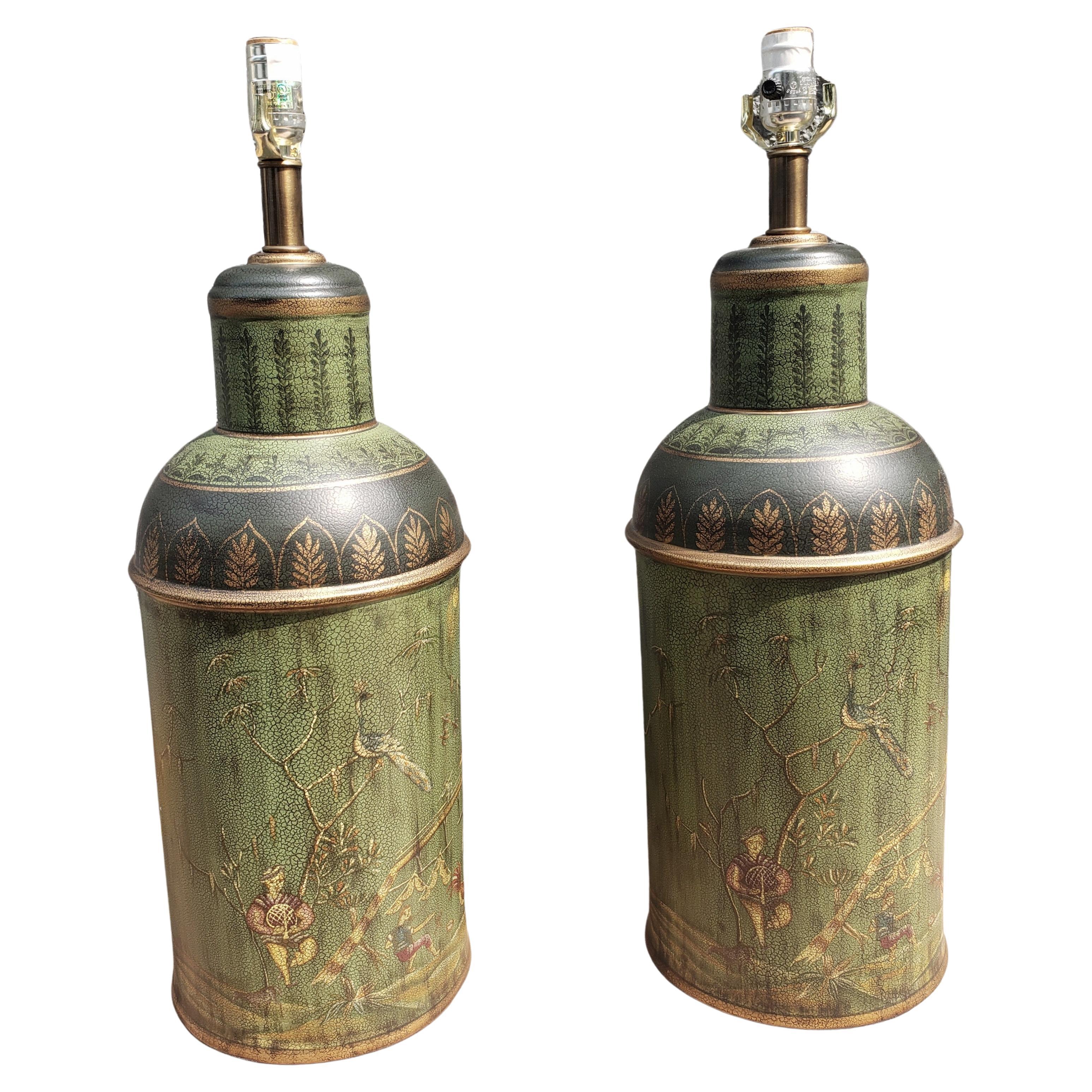 Metal Pair of Asian Ornate Tooled Leather Over Tole Tea Canisters Mounted as Lamps For Sale