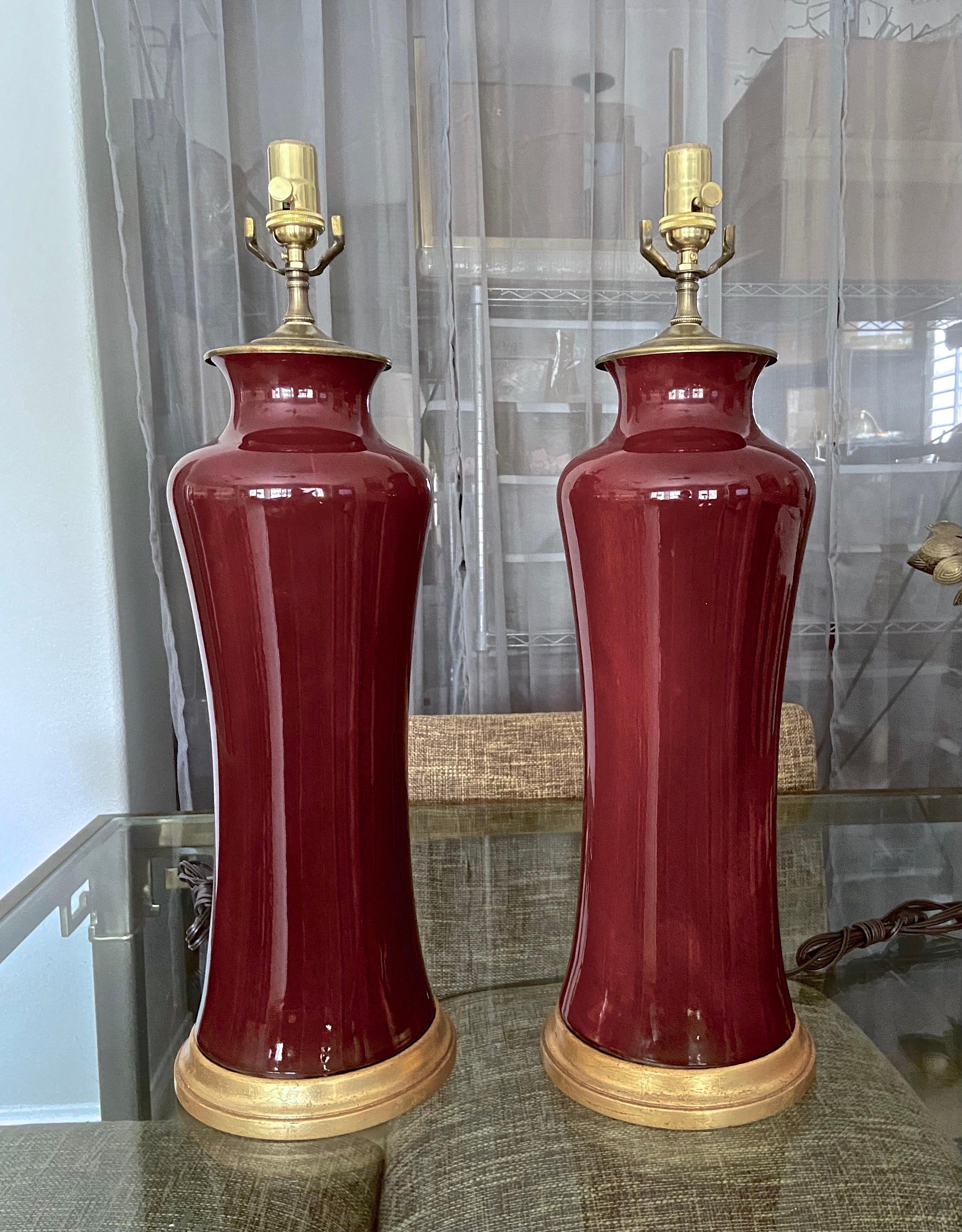 Pair of Asian Oxblood Porcelain Lamps In Good Condition In Palm Springs, CA