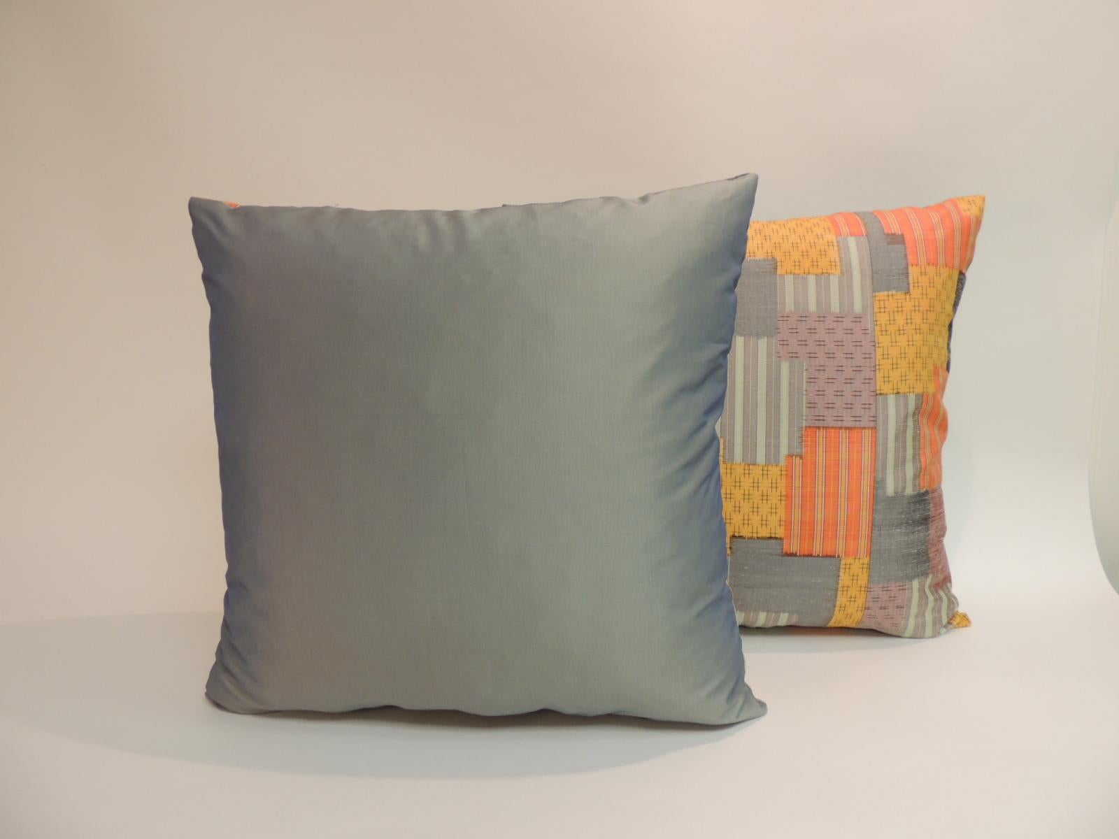 Japonisme Pair of Asian Patchwork Style Printed Silk Pillows with Green Silk Backings