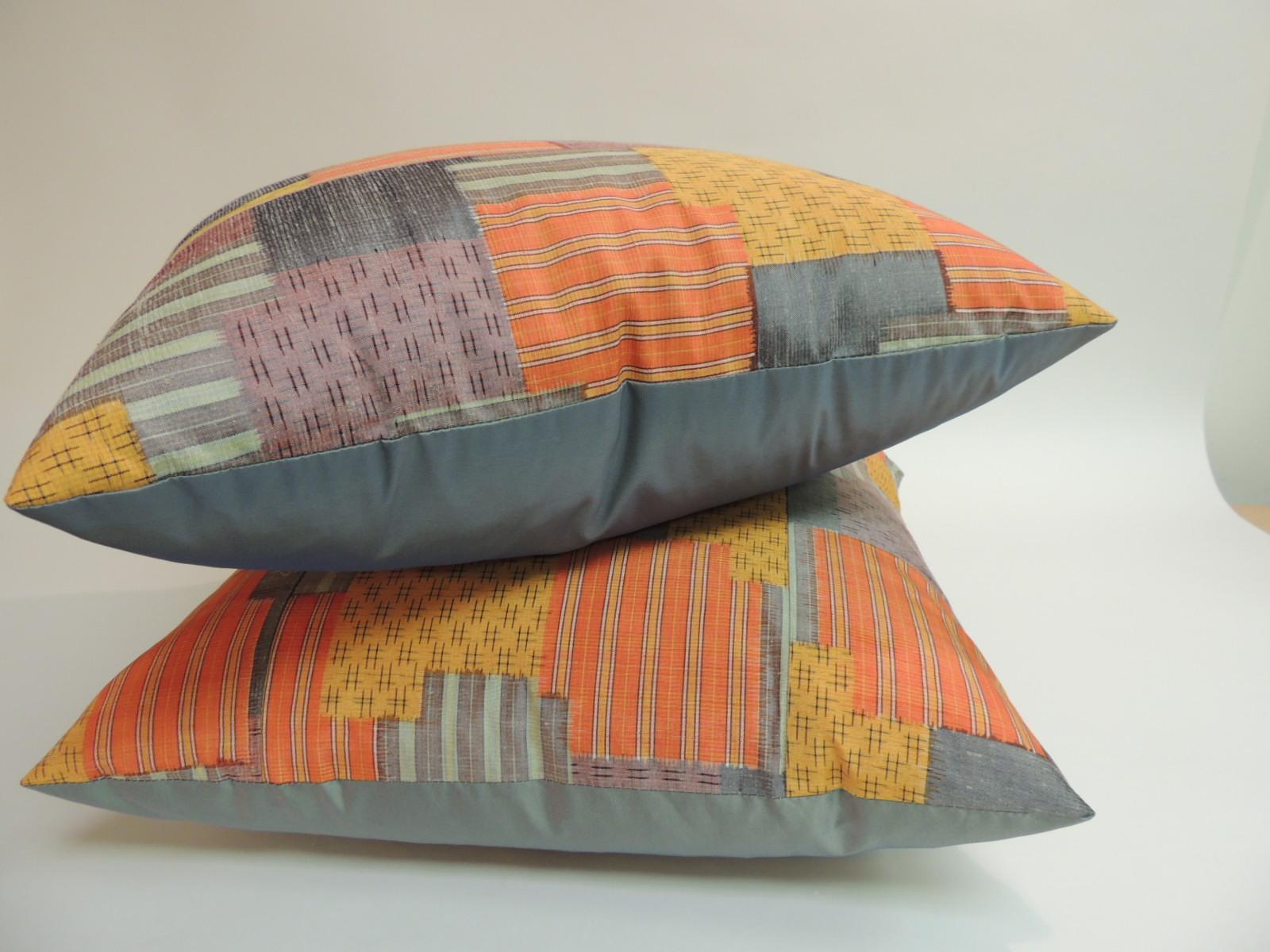 Japanese Pair of Asian Patchwork Style Printed Silk Pillows with Green Silk Backings