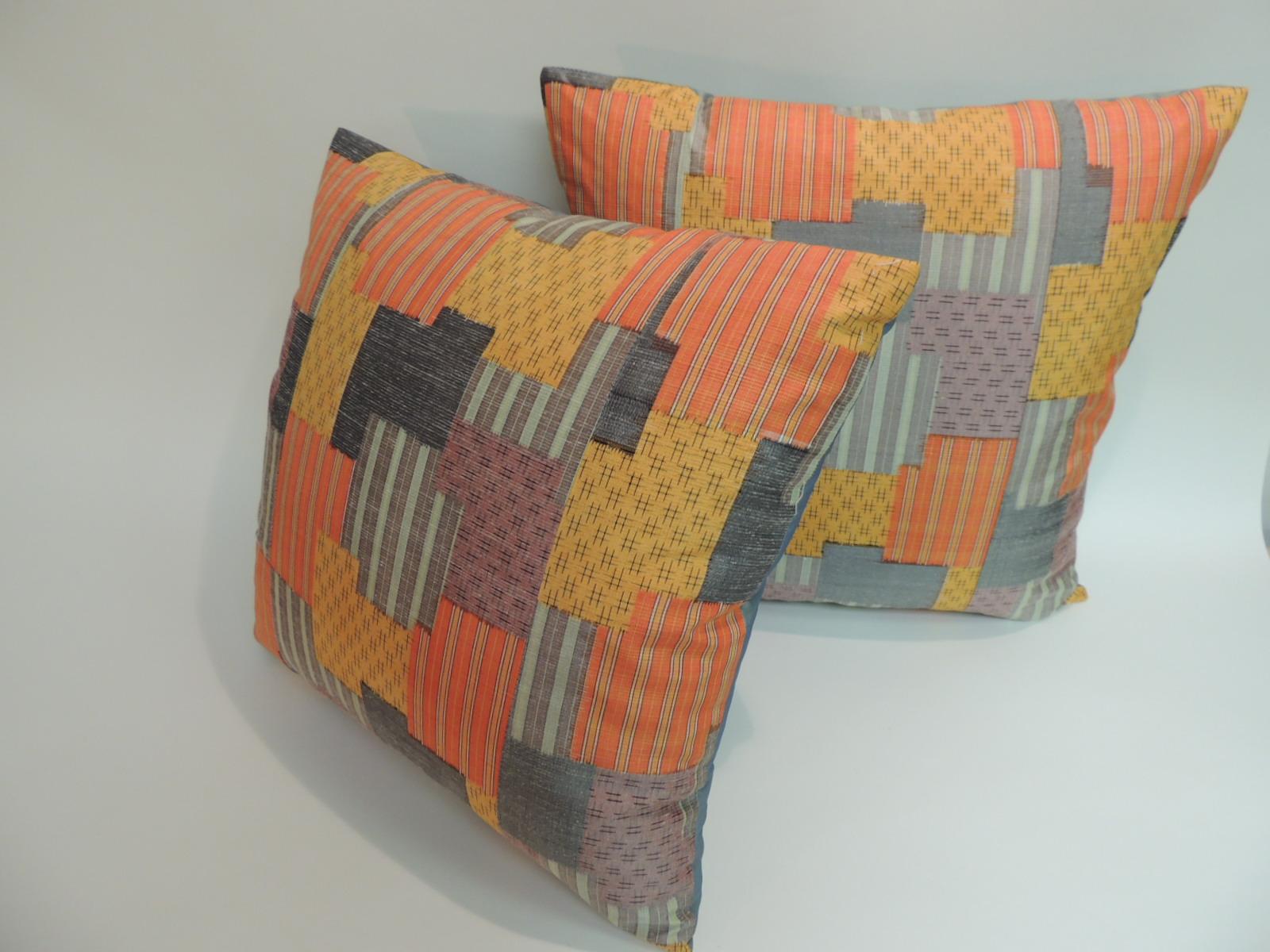 Hand-Crafted Pair of Asian Patchwork Style Printed Silk Pillows with Green Silk Backings