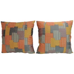 Pair of Asian Patchwork Style Printed Silk Pillows with Green Silk Backings