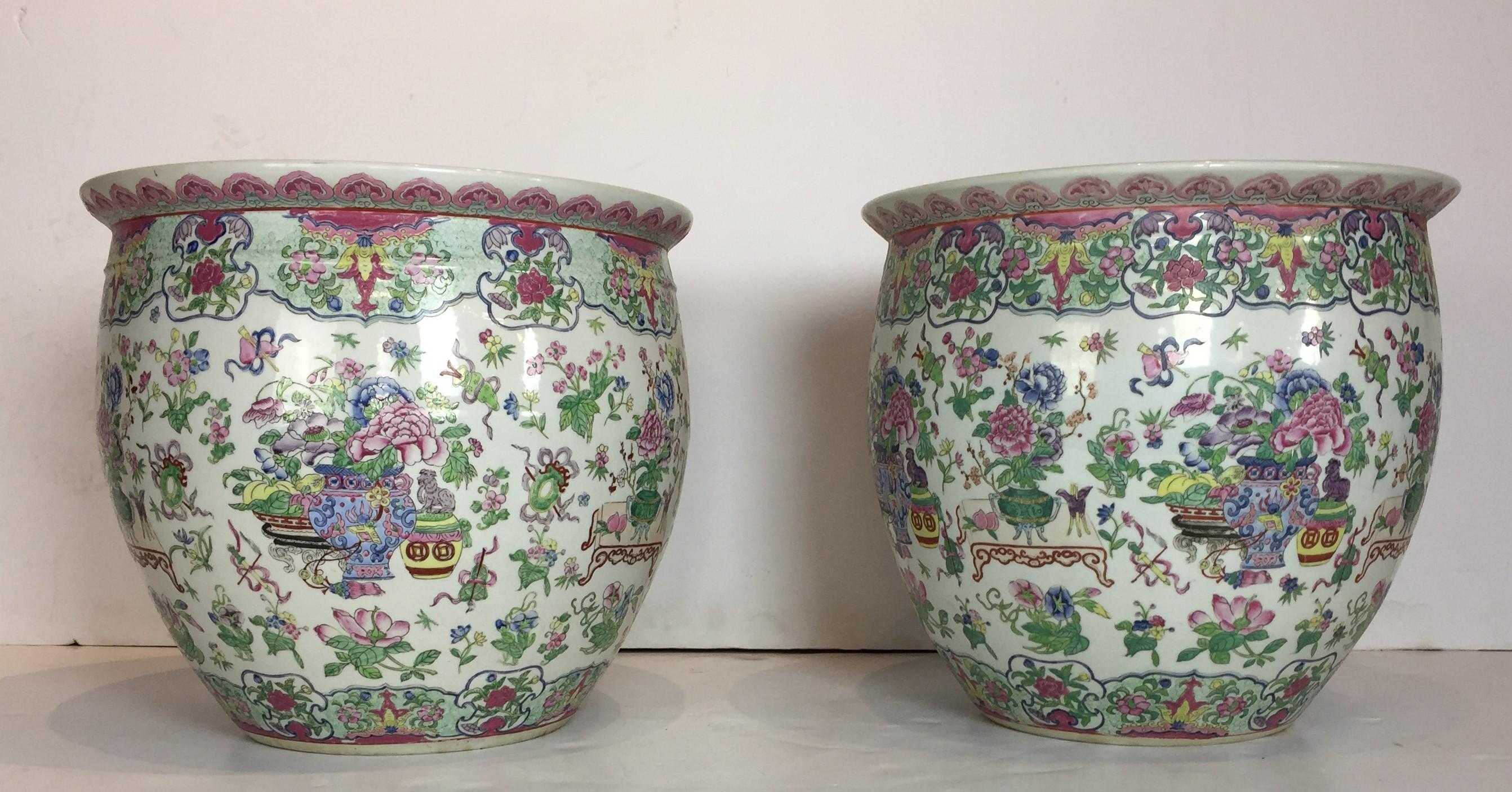 Pair of large size hand painted Chinese planters.