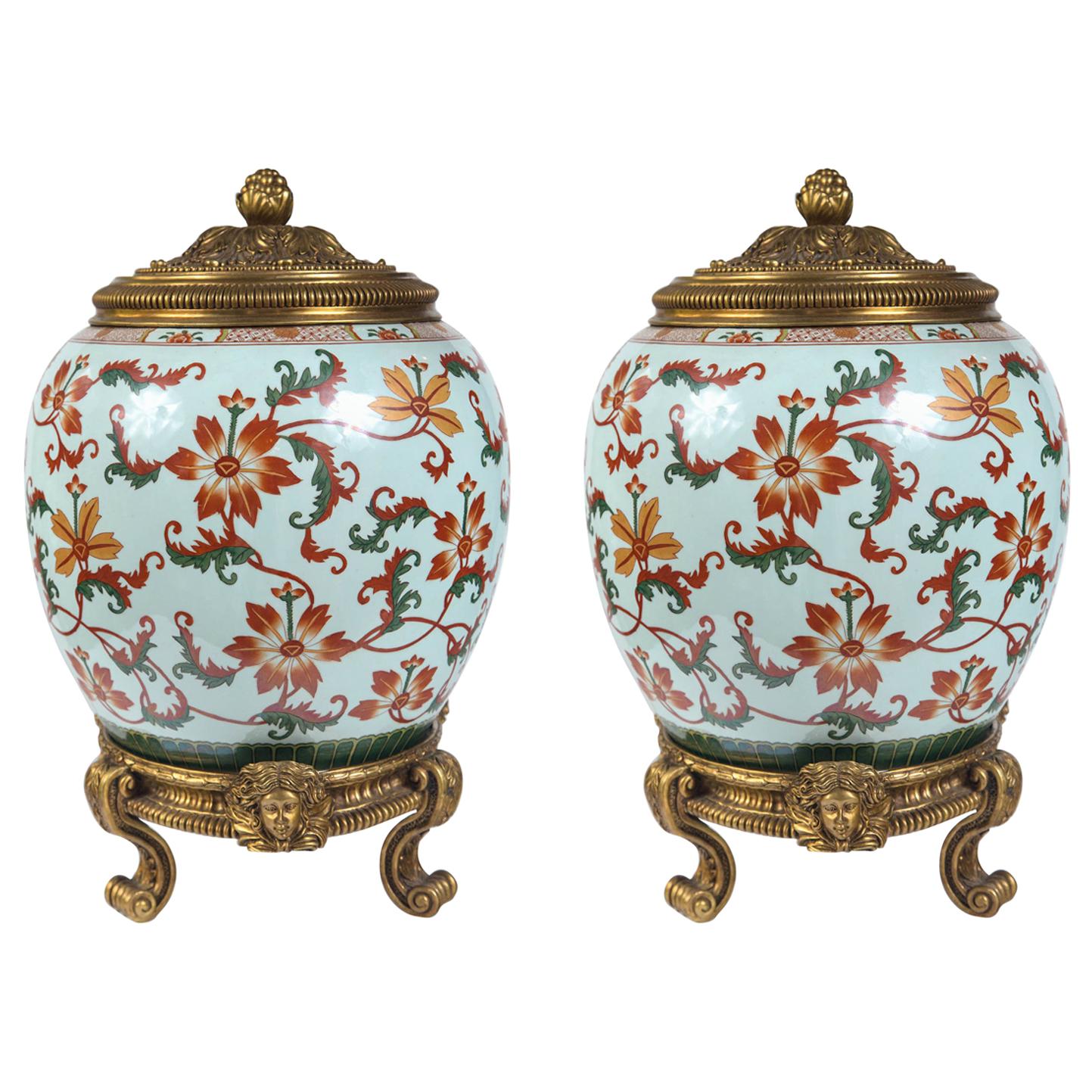 Pair of Chinese Style Porcelain Covered Jars