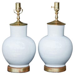 Pair of Asian Porcelain Single Light Table Lamps with Round Gilt Bases