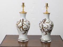 Pair of Asian Porcelain Vase Table Lamps with Brown Décor on Lucite Bases